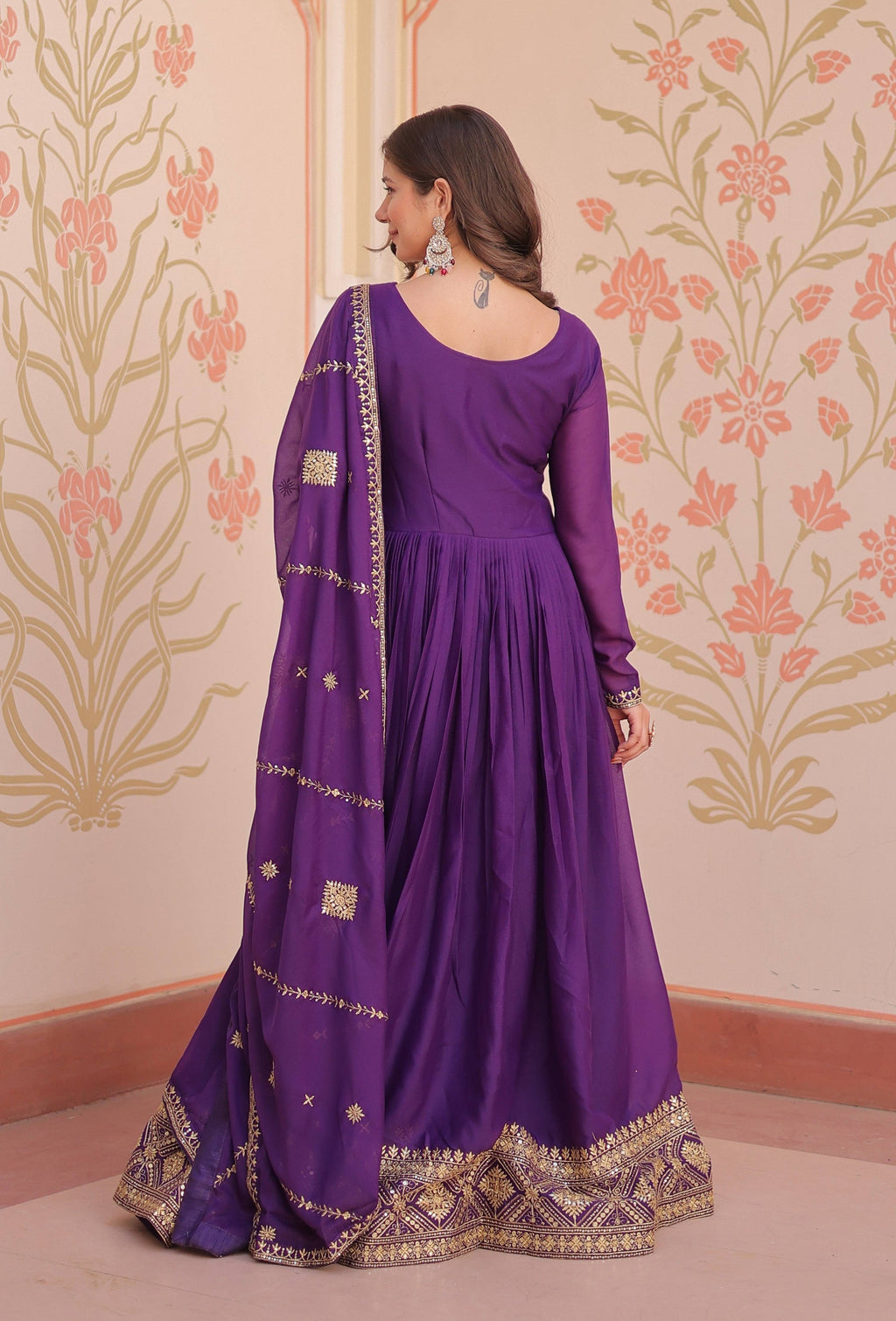 Vedant Vastram Georgette Embroidery & Sequence Work Stitched Ethnic Gown-Purple