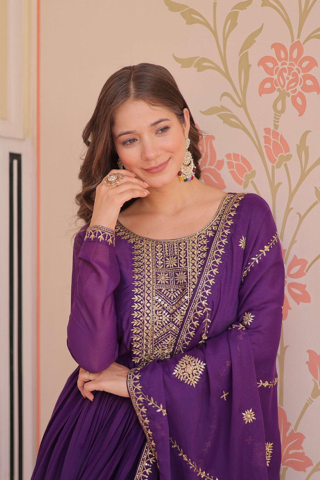 Vedant Vastram Georgette Embroidery & Sequence Work Stitched Ethnic Gown-Purple