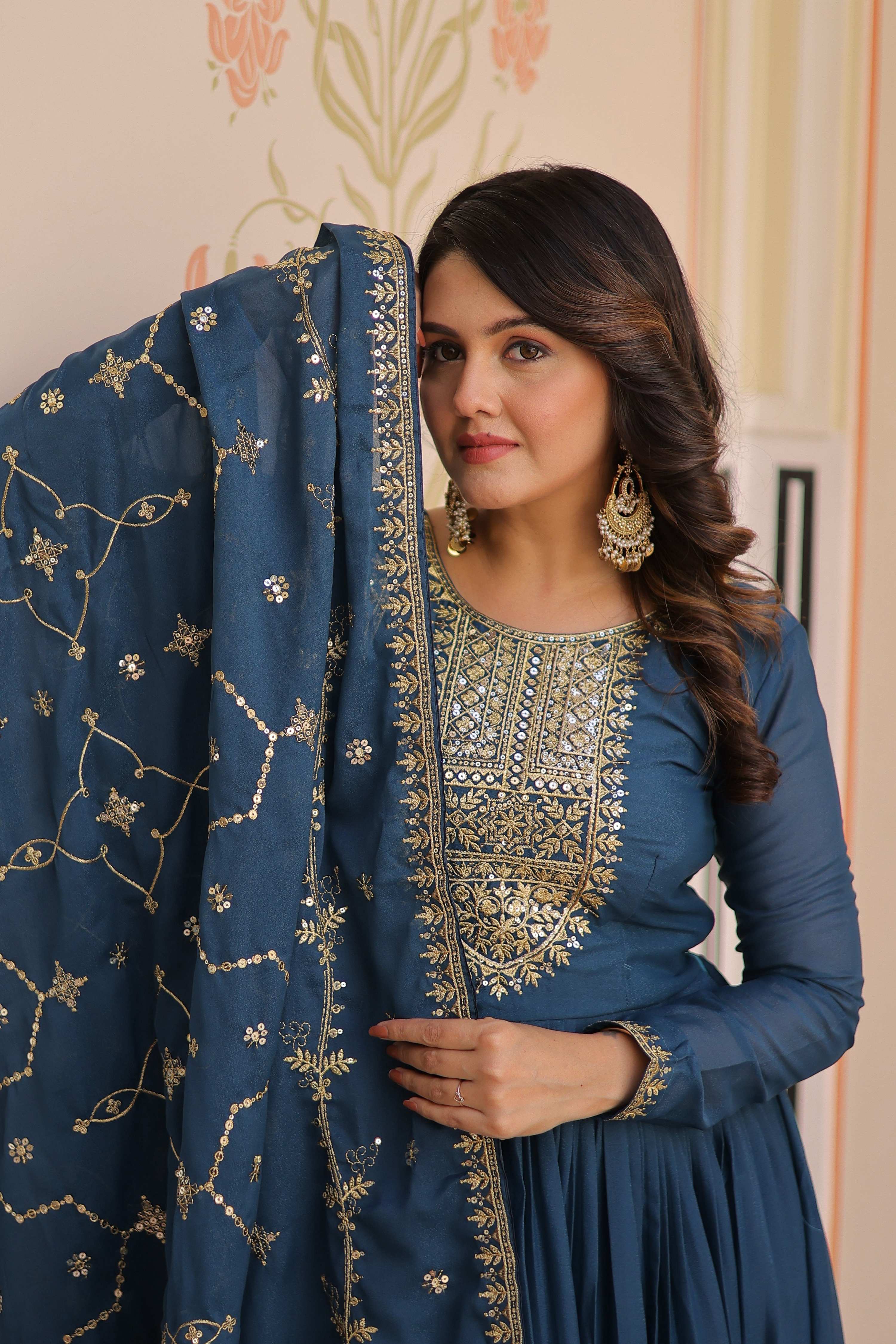 Vedant Vastram Georgette Embroidery & Sequence Work Stitched Ethnic Gown-Rama