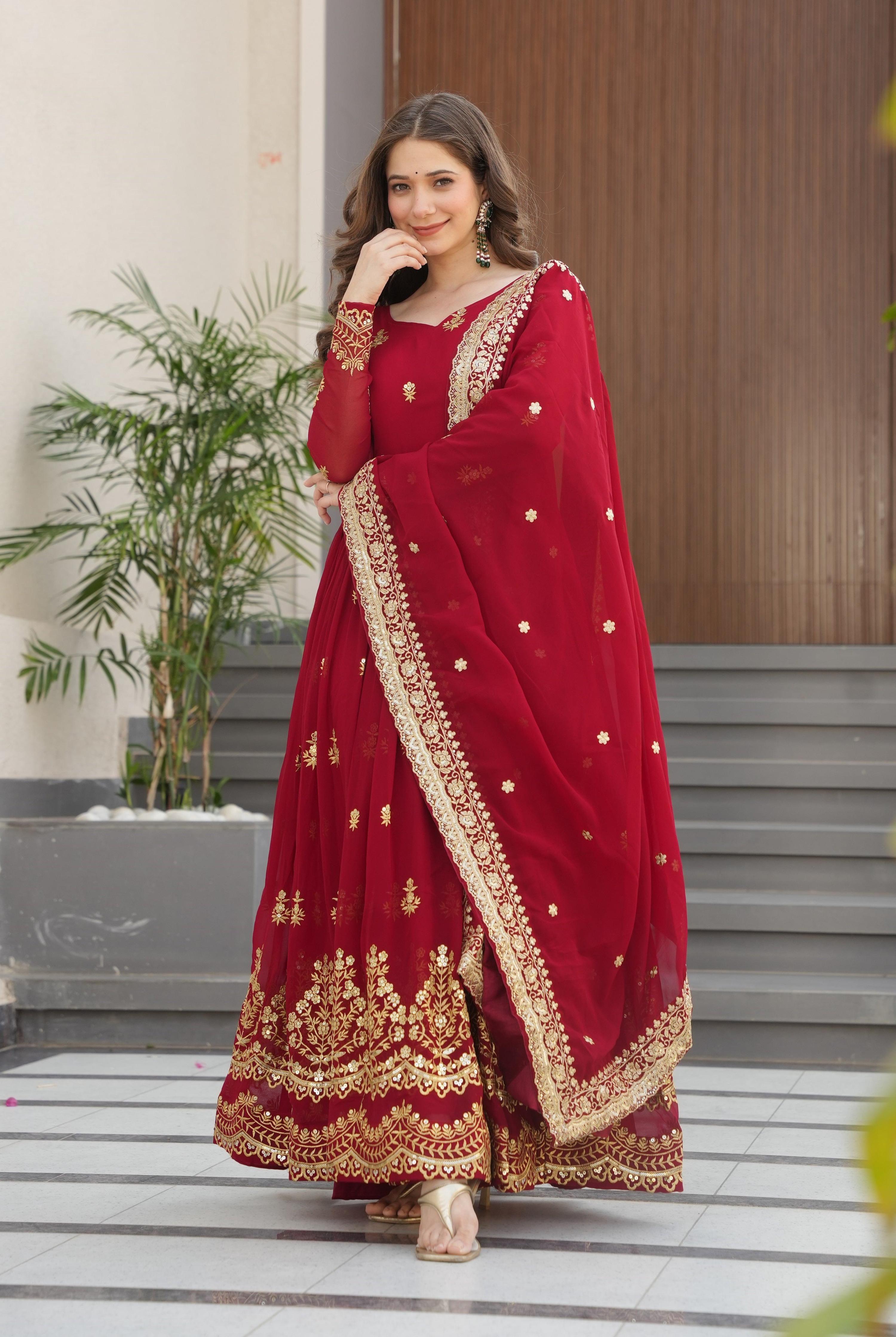 Vedant Vastram Georgette Embroidery & Sequence Work Stitched Ethnic Gown-Maroon