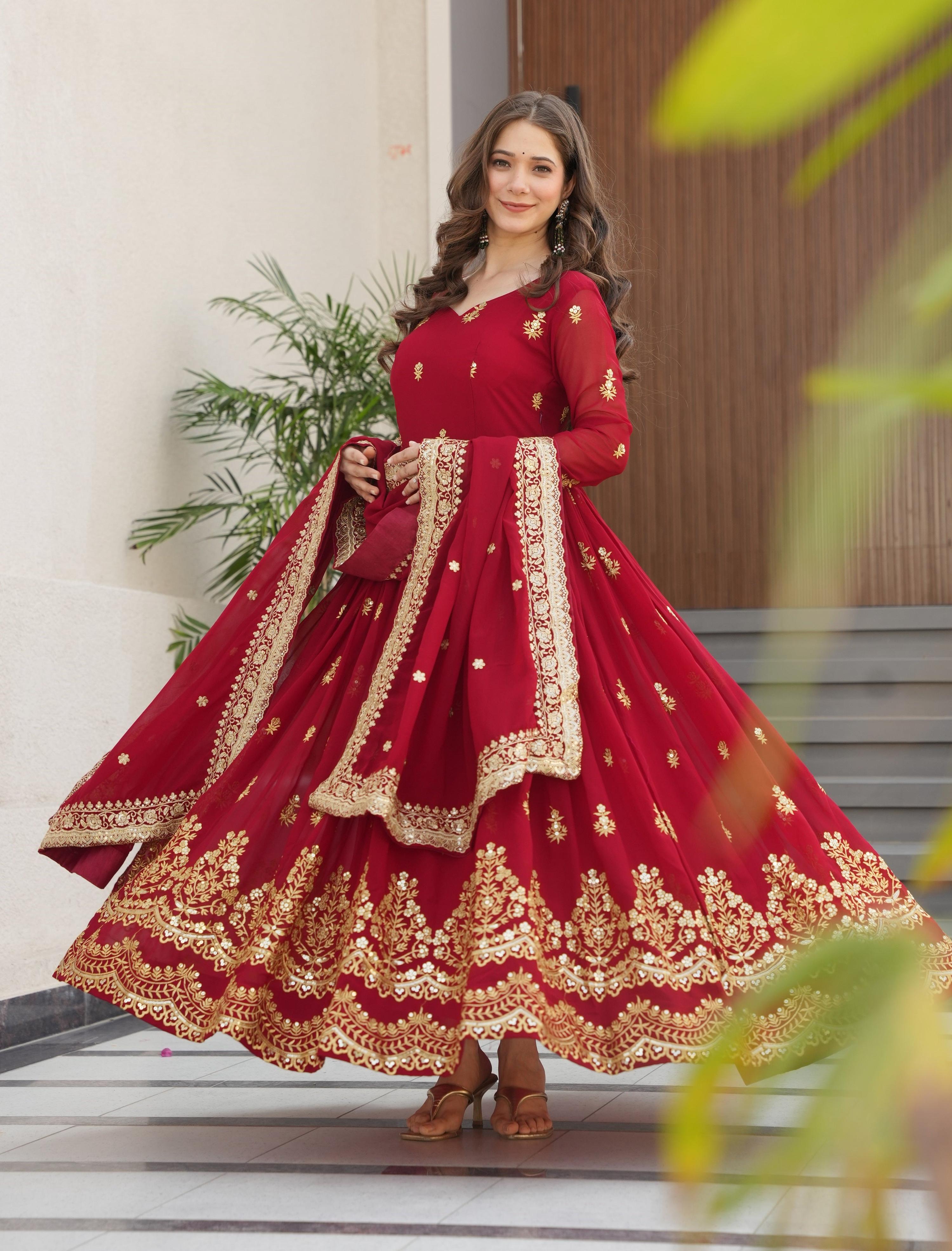 Vedant Vastram Georgette Embroidery & Sequence Work Stitched Ethnic Gown-Maroon