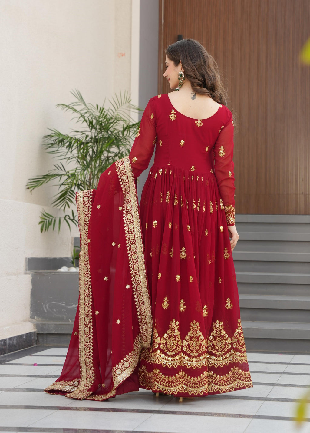 Vedant Vastram Georgette Embroidery & Sequence Work Stitched Ethnic Gown-Maroon
