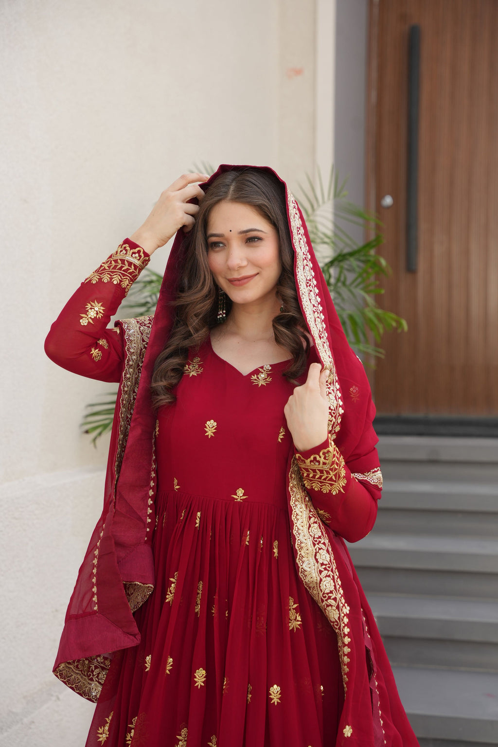 Vedant Vastram Georgette Embroidery & Sequence Work Stitched Ethnic Gown-Maroon