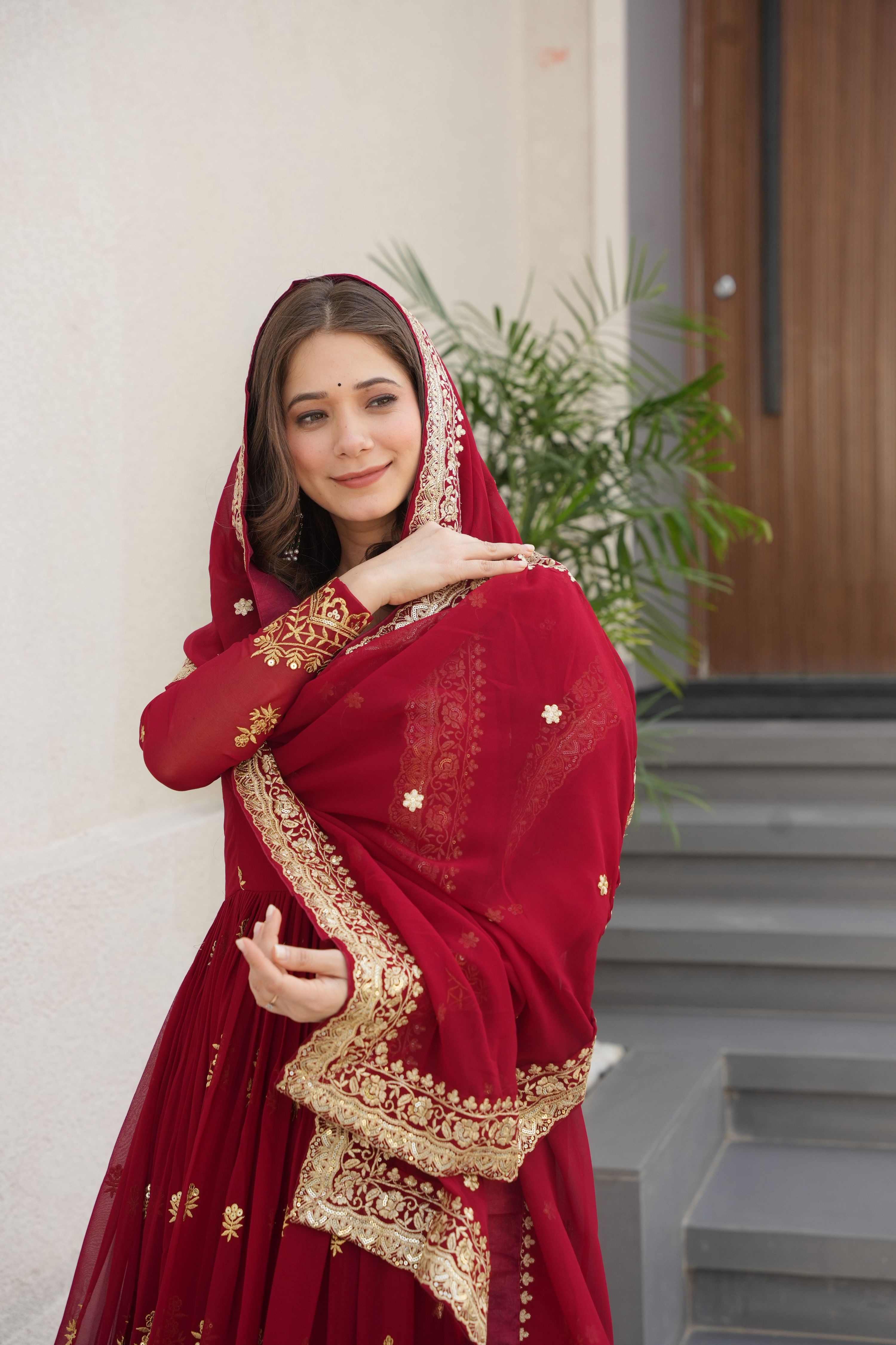 Vedant Vastram Georgette Embroidery & Sequence Work Stitched Ethnic Gown-Maroon