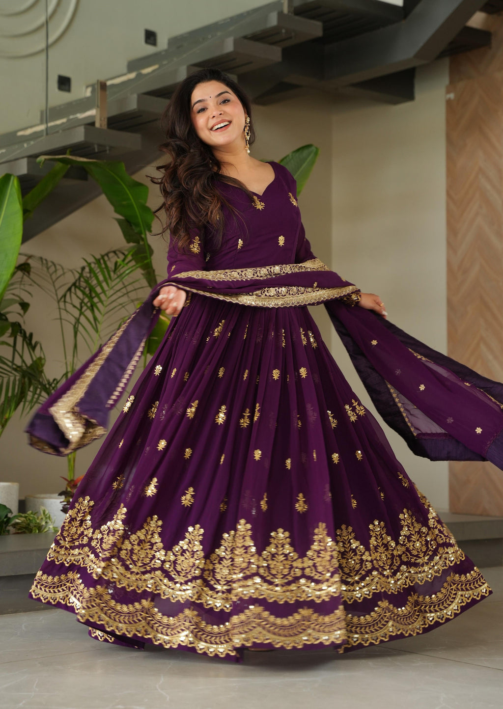 Vedant Vastram Georgette Embroidery & Sequence Work Stitched Ethnic Gown-Purple