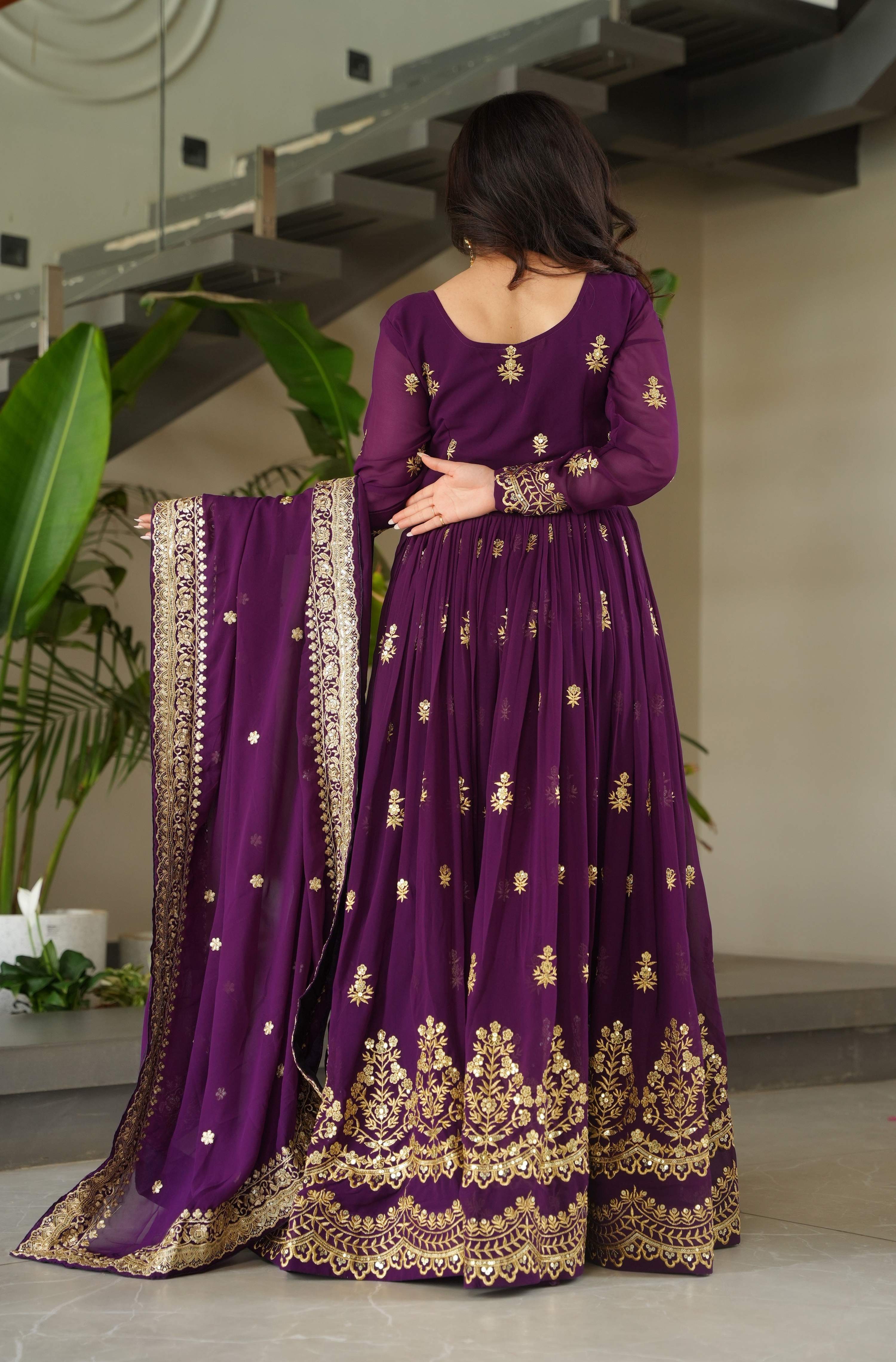 Vedant Vastram Georgette Embroidery & Sequence Work Stitched Ethnic Gown-Purple