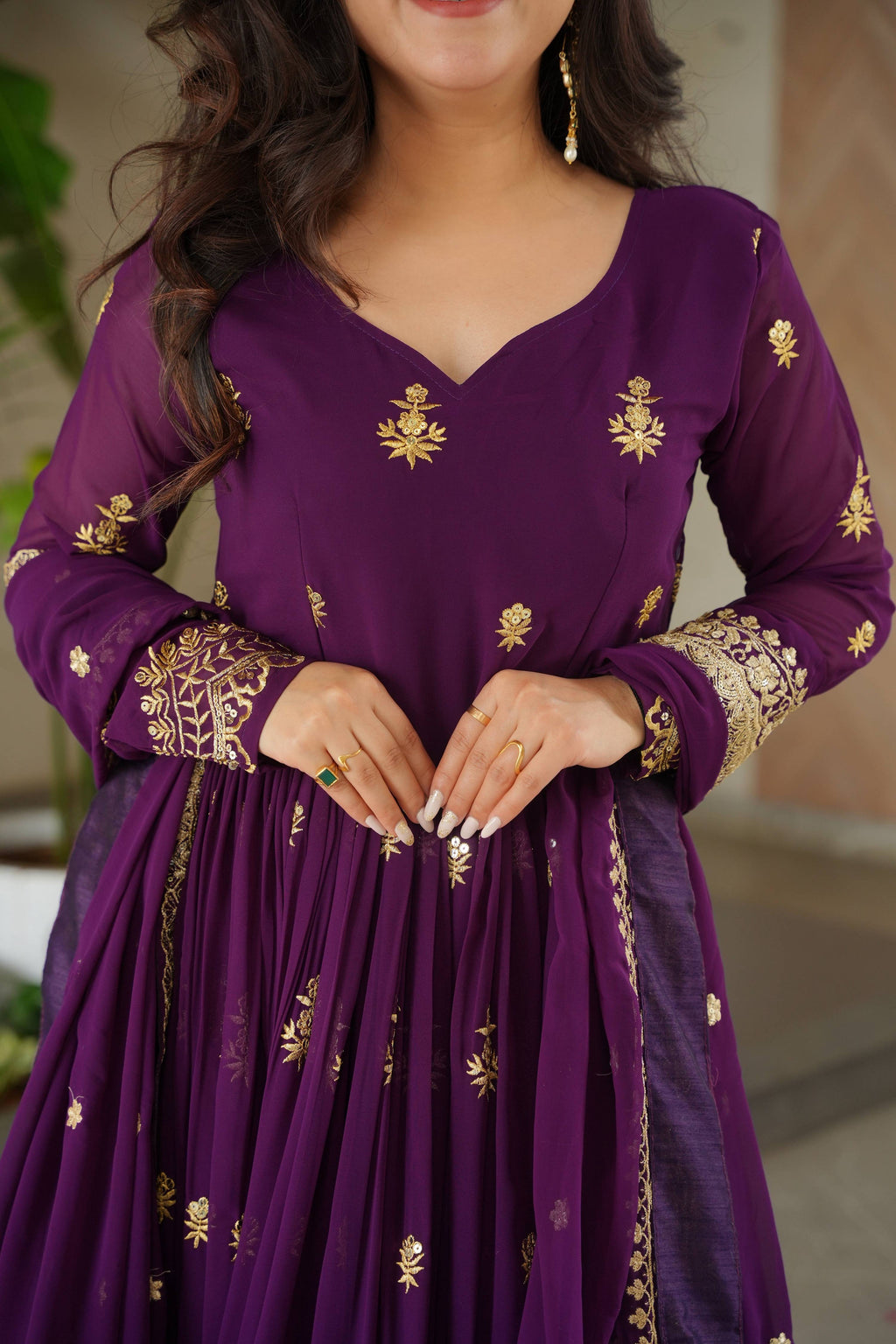 Vedant Vastram Georgette Embroidery & Sequence Work Stitched Ethnic Gown-Purple