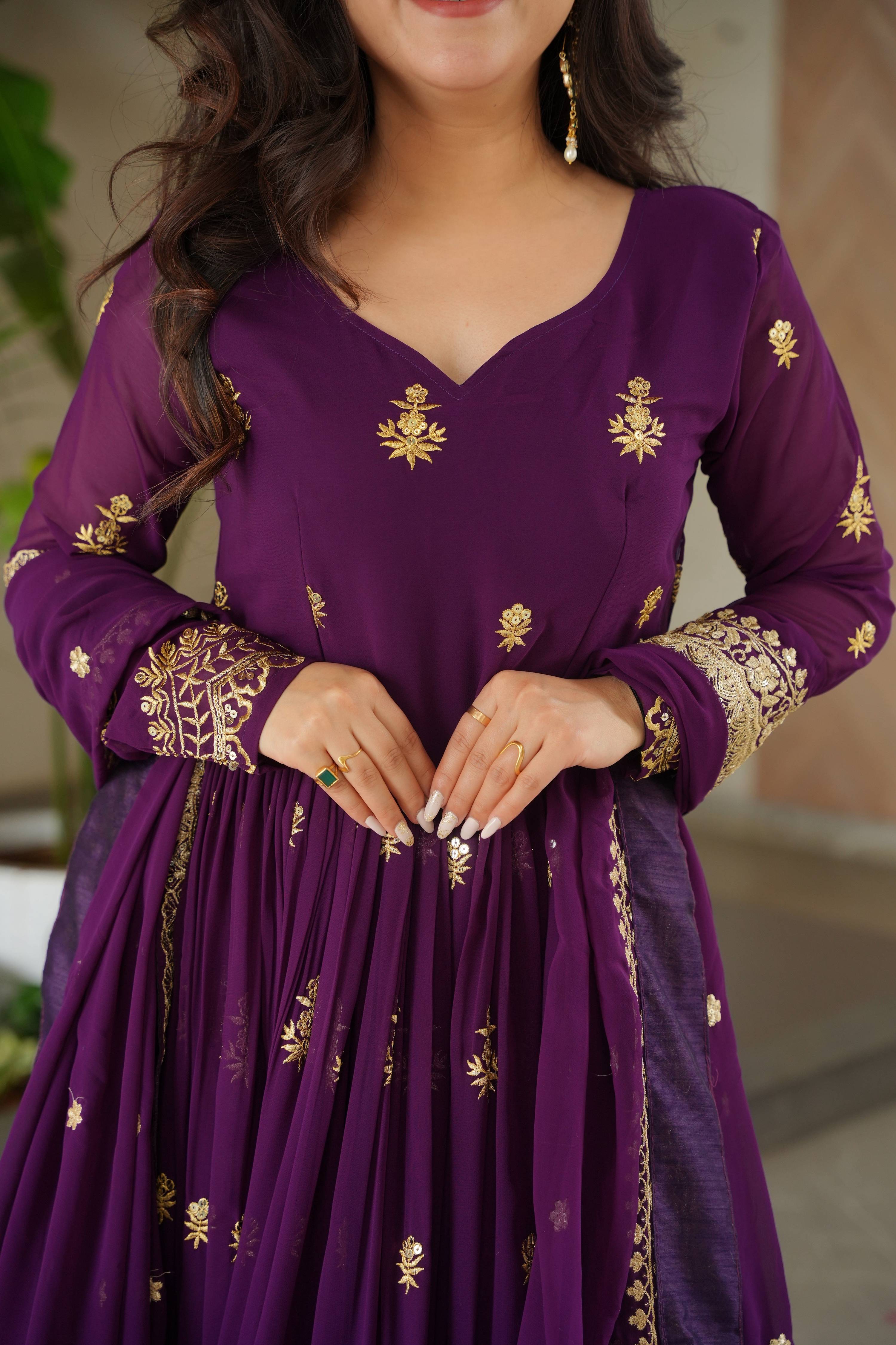 Vedant Vastram Georgette Embroidery & Sequence Work Stitched Ethnic Gown-Purple