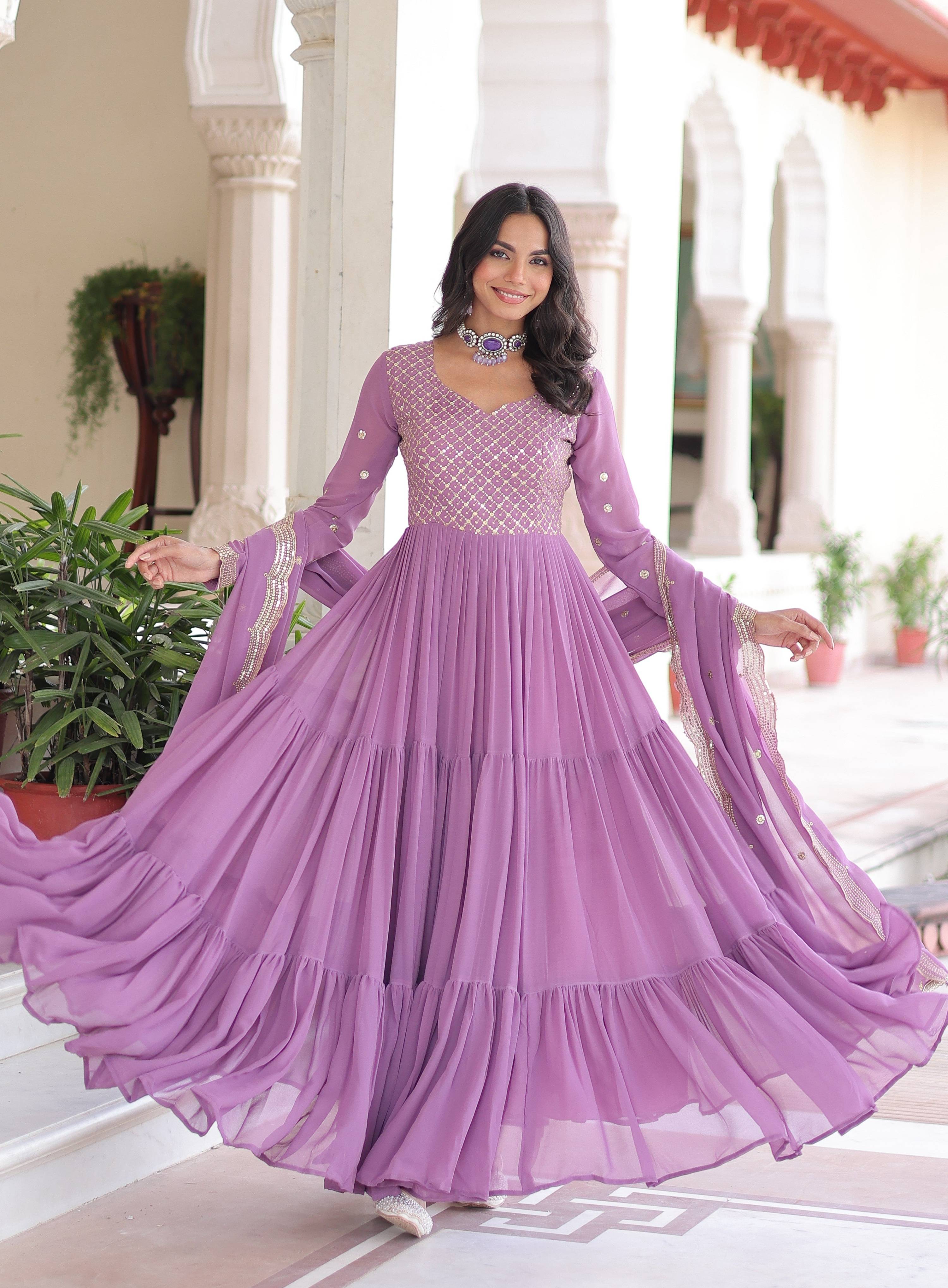 Vedant Vastram Georgette Embroidery & Sequence Work Stitched Ethnic Gown-Purple