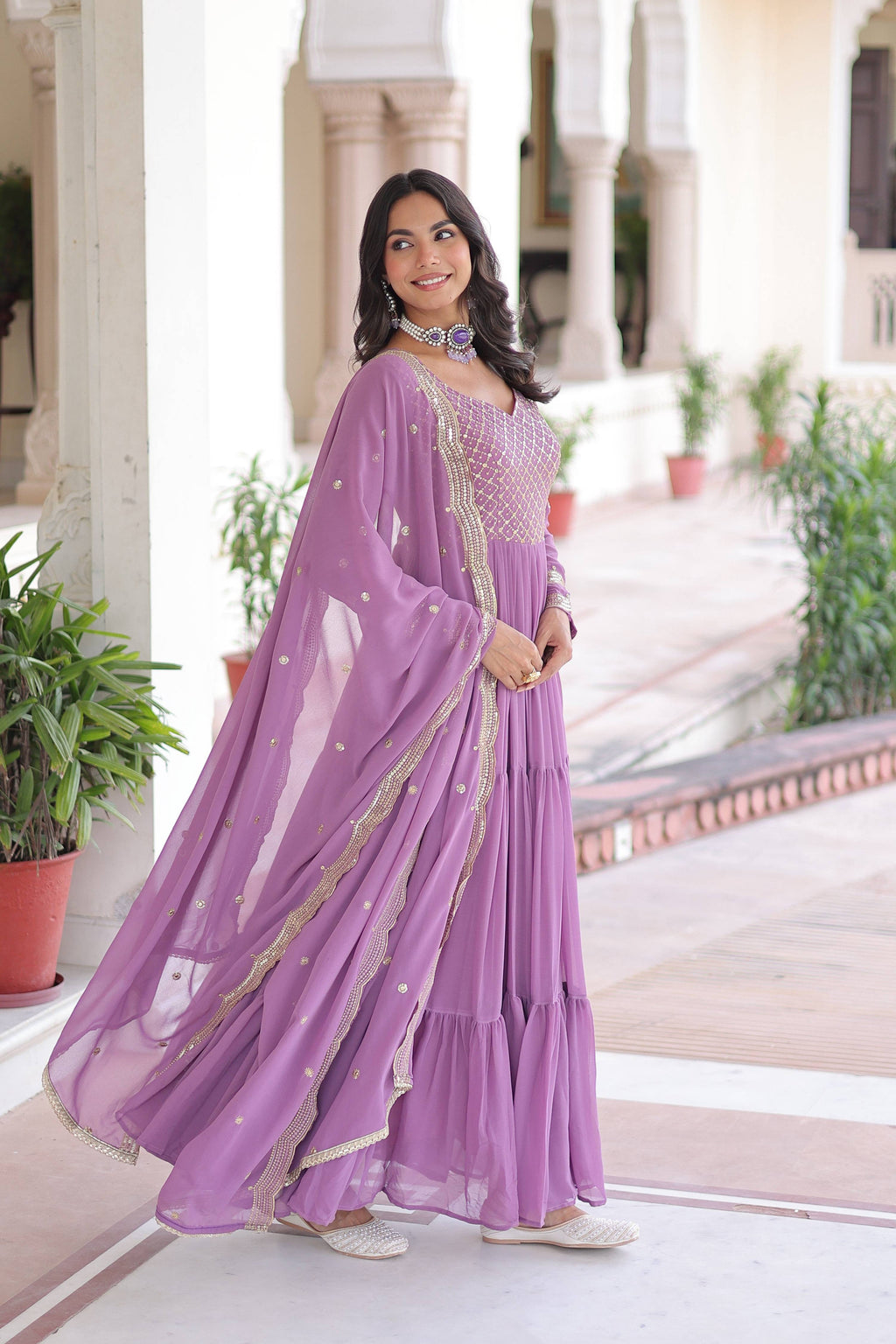 Vedant Vastram Georgette Embroidery & Sequence Work Stitched Ethnic Gown-Purple
