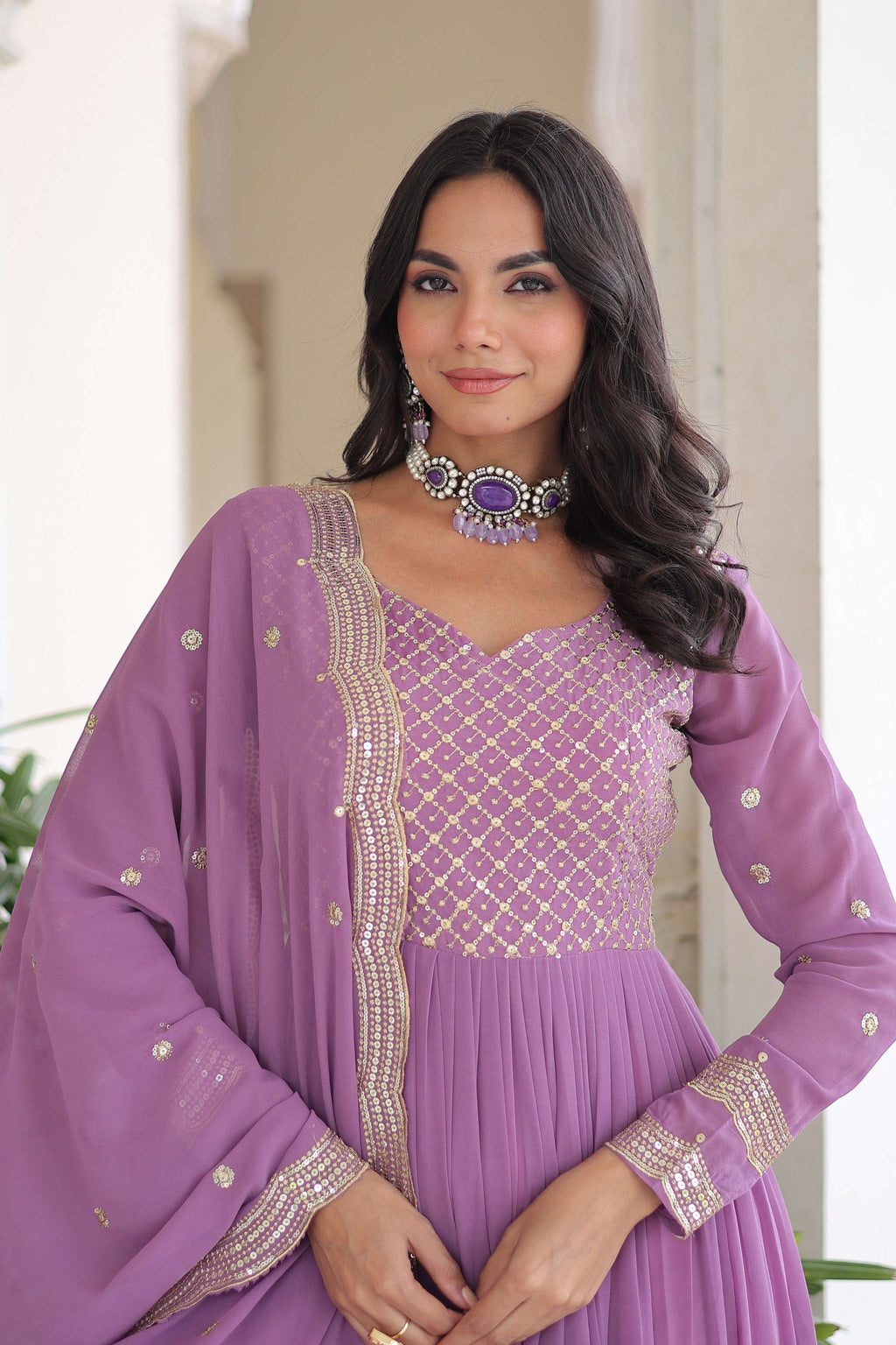 Vedant Vastram Georgette Embroidery & Sequence Work Stitched Ethnic Gown-Purple