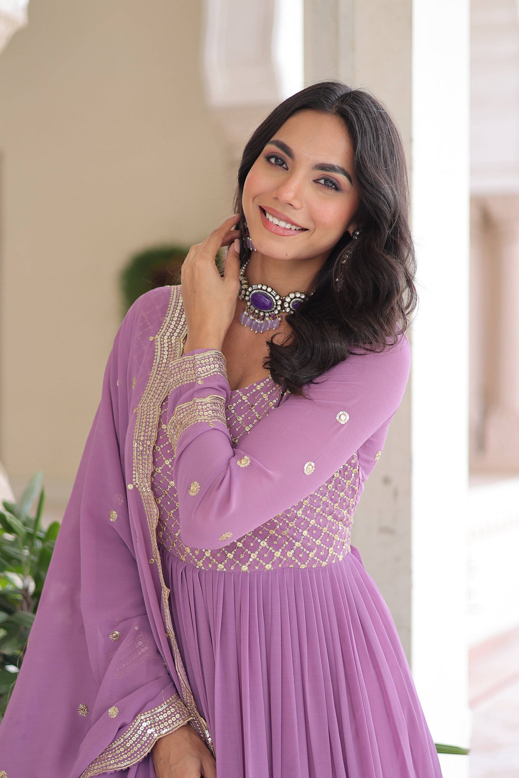 Vedant Vastram Georgette Embroidery & Sequence Work Stitched Ethnic Gown-Purple
