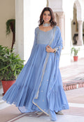 Vedant Vastram Georgette Embroidery & Sequence Work Stitched Ethnic Gown-Sky Blue