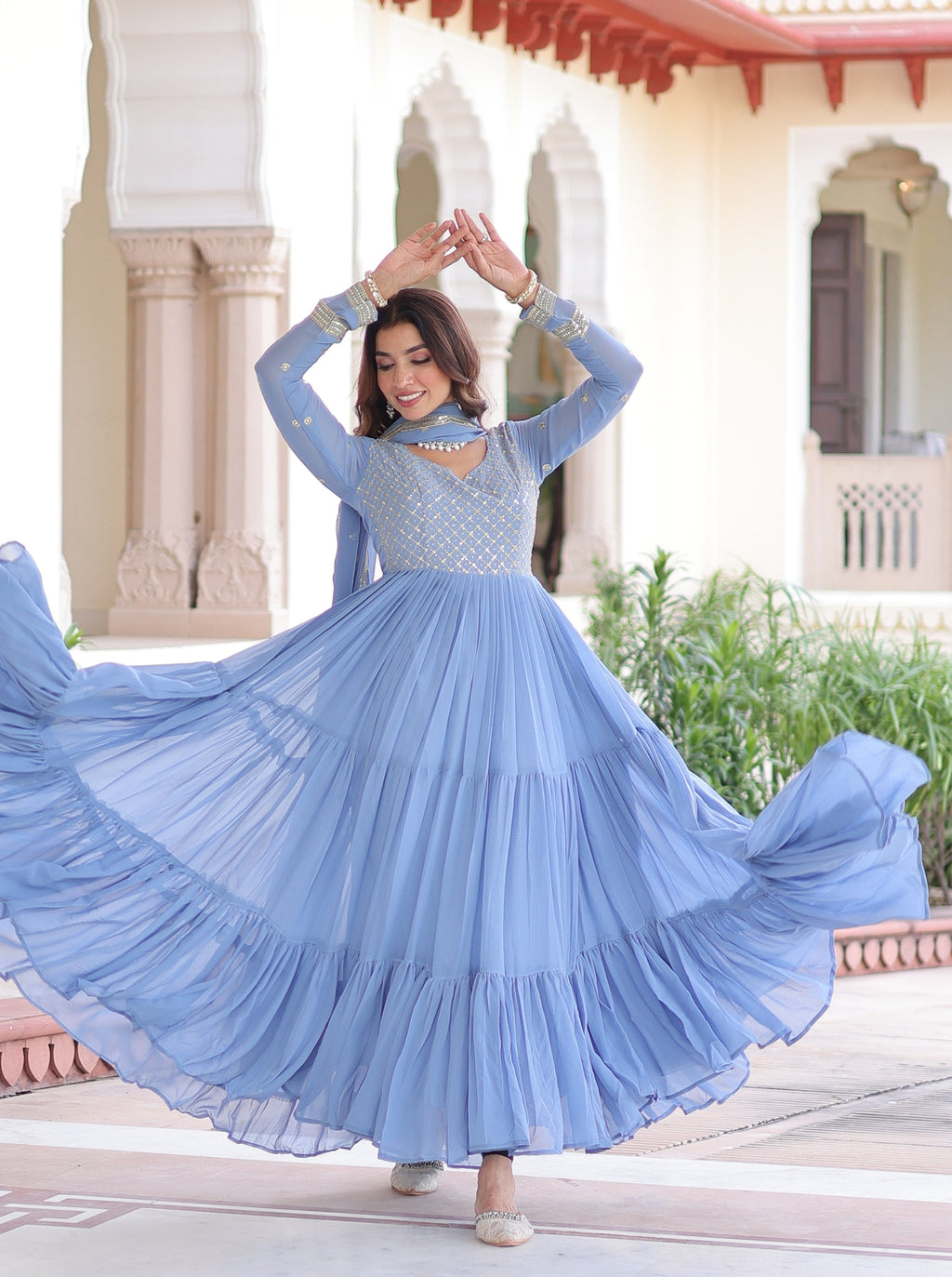 Vedant Vastram Georgette Embroidery & Sequence Work Stitched Ethnic Gown-Sky Blue