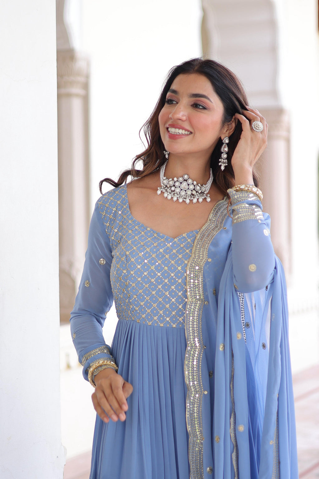Vedant Vastram Georgette Embroidery & Sequence Work Stitched Ethnic Gown-Sky Blue