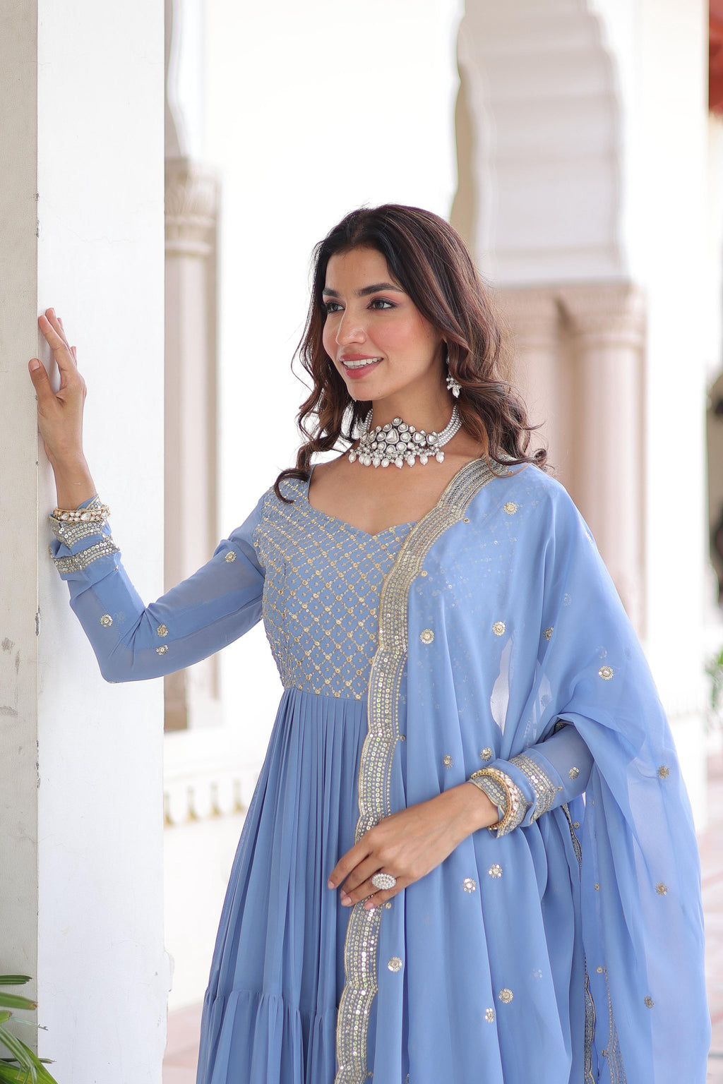 Vedant Vastram Georgette Embroidery & Sequence Work Stitched Ethnic Gown-Sky Blue