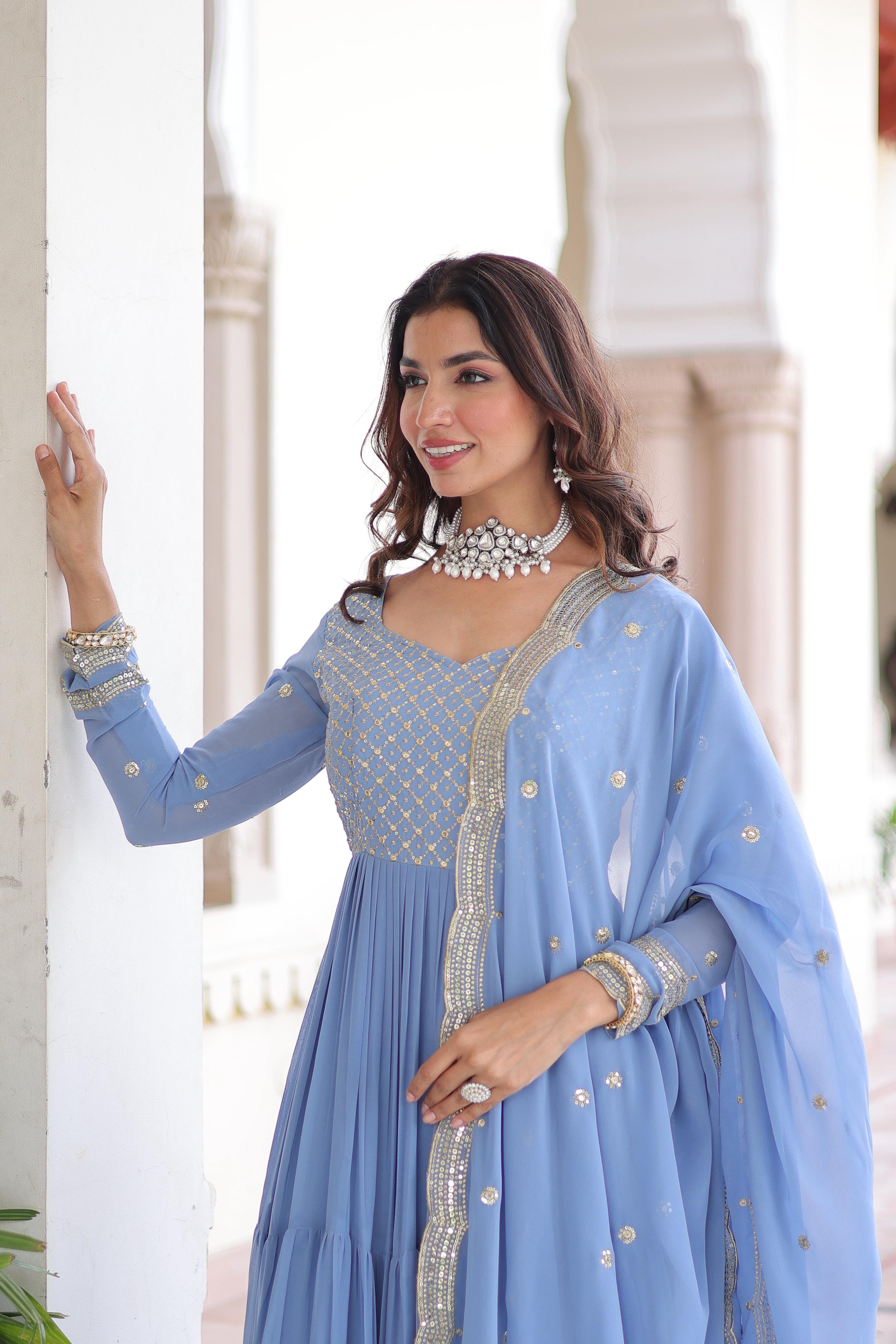 Vedant Vastram Georgette Embroidery & Sequence Work Stitched Ethnic Gown-Sky Blue
