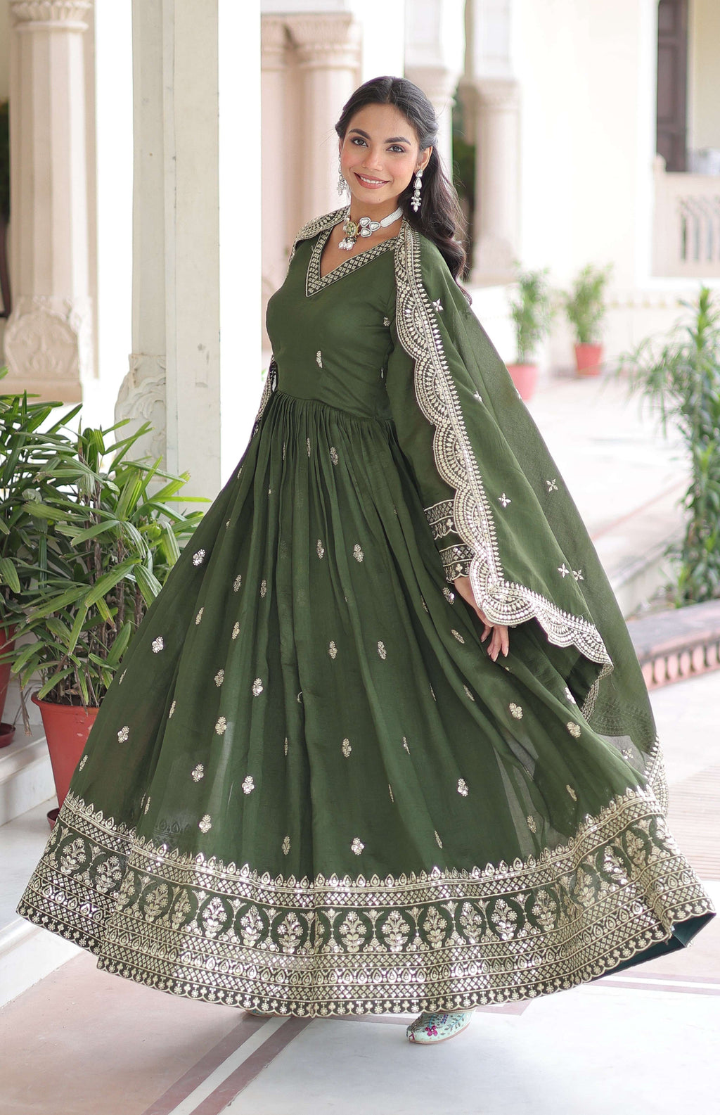 Vedant Vastram Vichitra Silk Embroidery & Sequence Work Stitched Ethnic Gown-Green