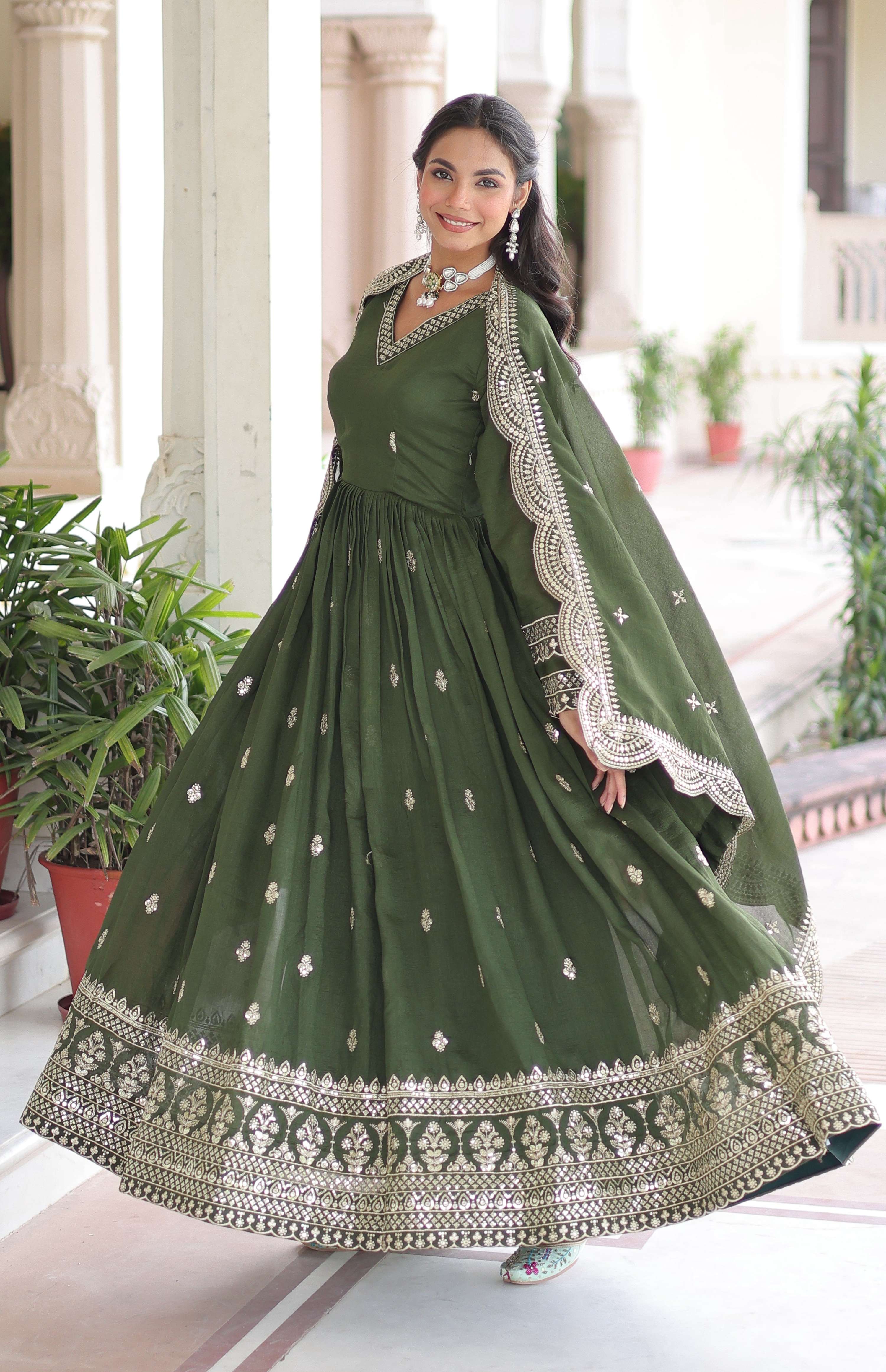 Vedant Vastram Vichitra Silk Embroidery & Sequence Work Stitched Ethnic Gown-Green