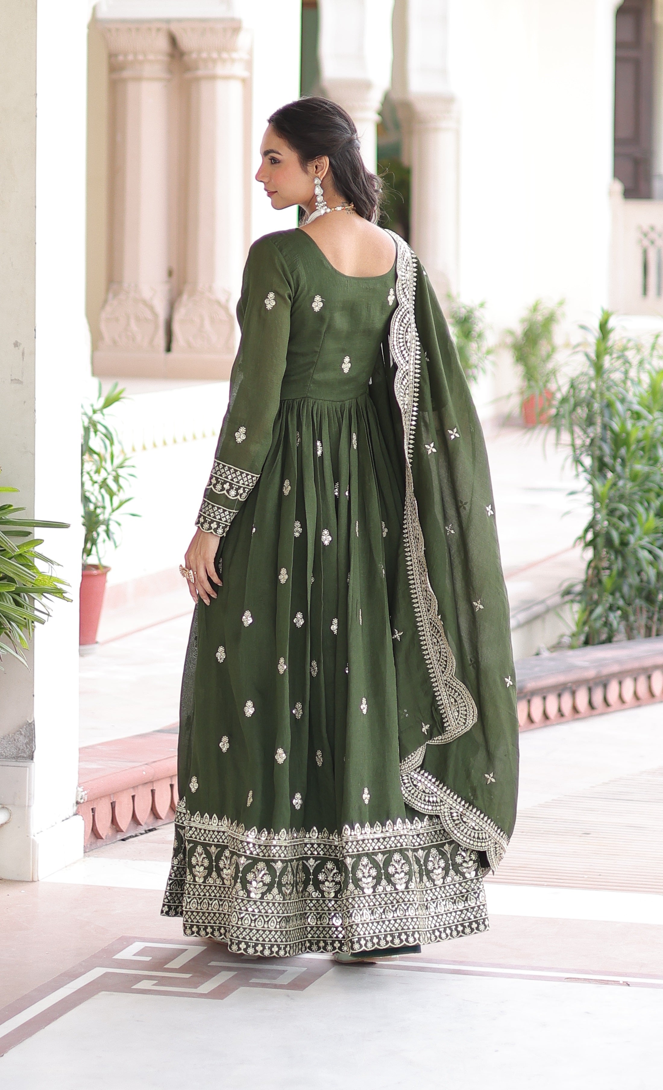 Vedant Vastram Vichitra Silk Embroidery & Sequence Work Stitched Ethnic Gown-Green