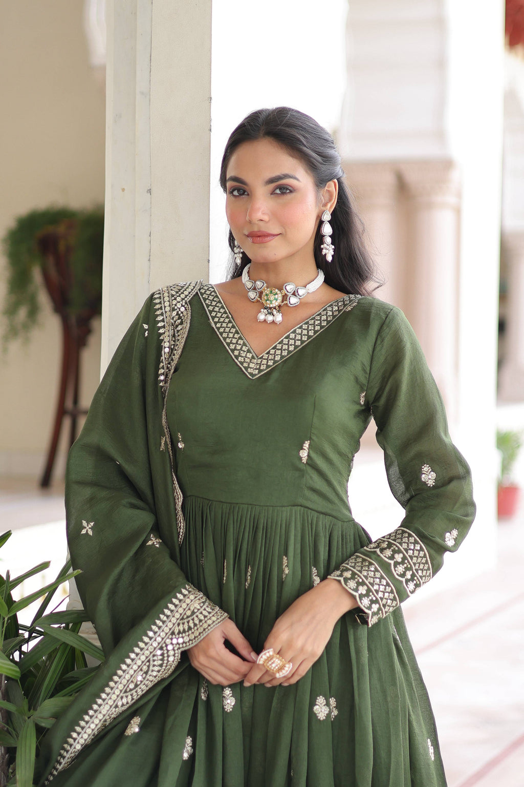 Vedant Vastram Vichitra Silk Embroidery & Sequence Work Stitched Ethnic Gown-Green