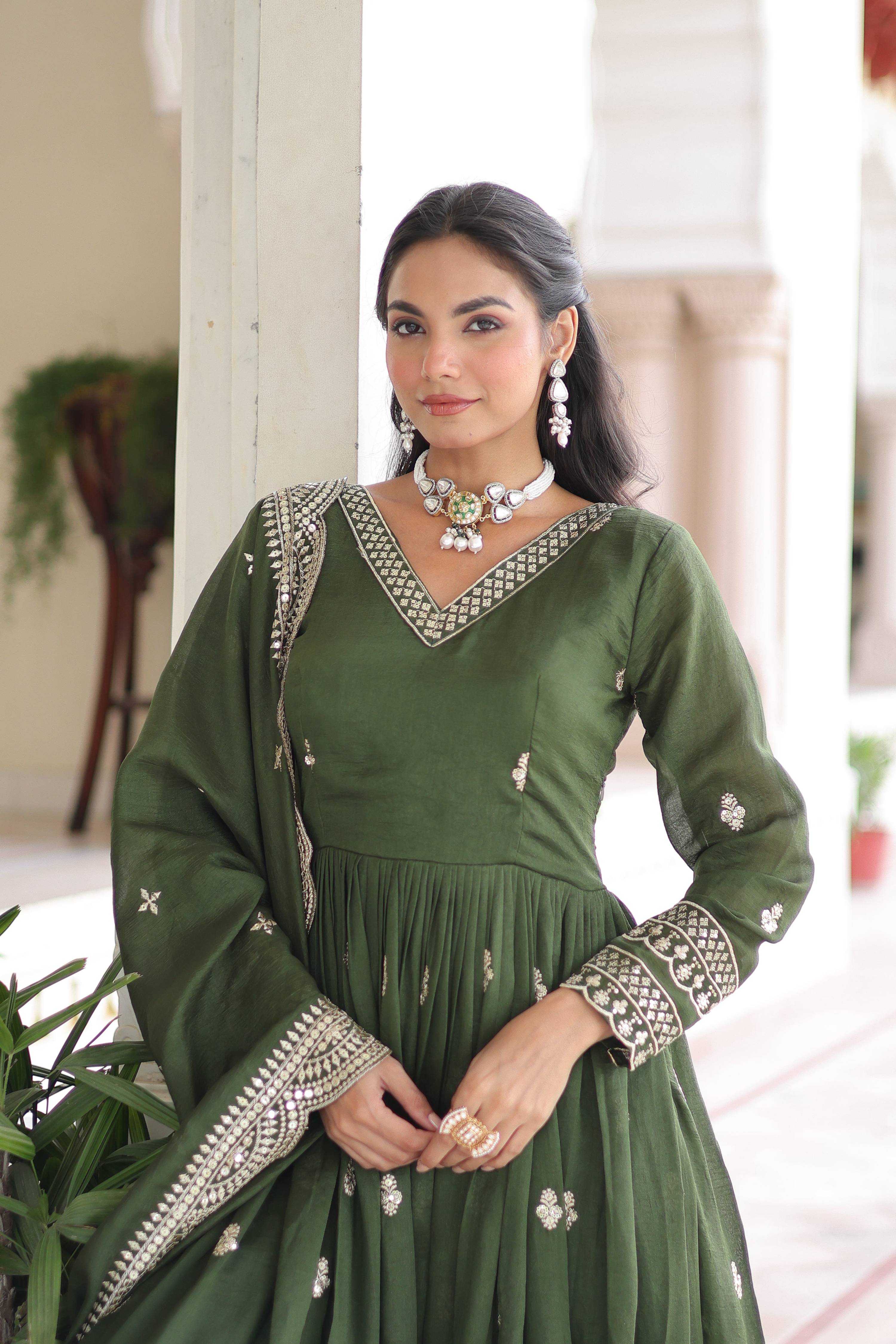 Vedant Vastram Vichitra Silk Embroidery & Sequence Work Stitched Ethnic Gown-Green