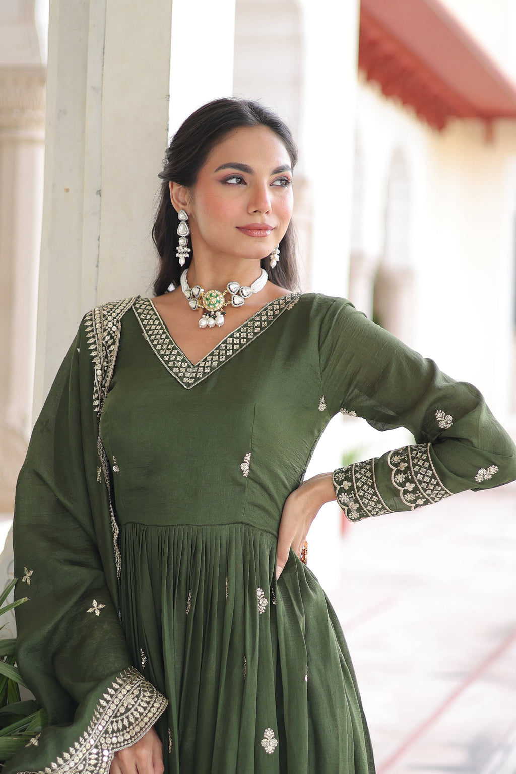 Vedant Vastram Vichitra Silk Embroidery & Sequence Work Stitched Ethnic Gown-Green