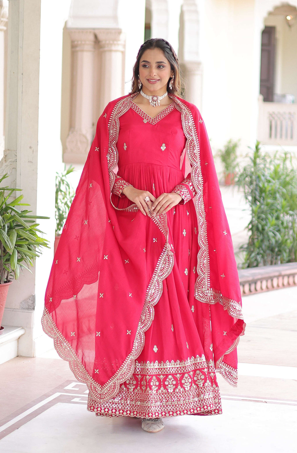 Vedant Vastram Vichitra Silk Embroidery & Sequence Work Stitched Ethnic Gown-Pink