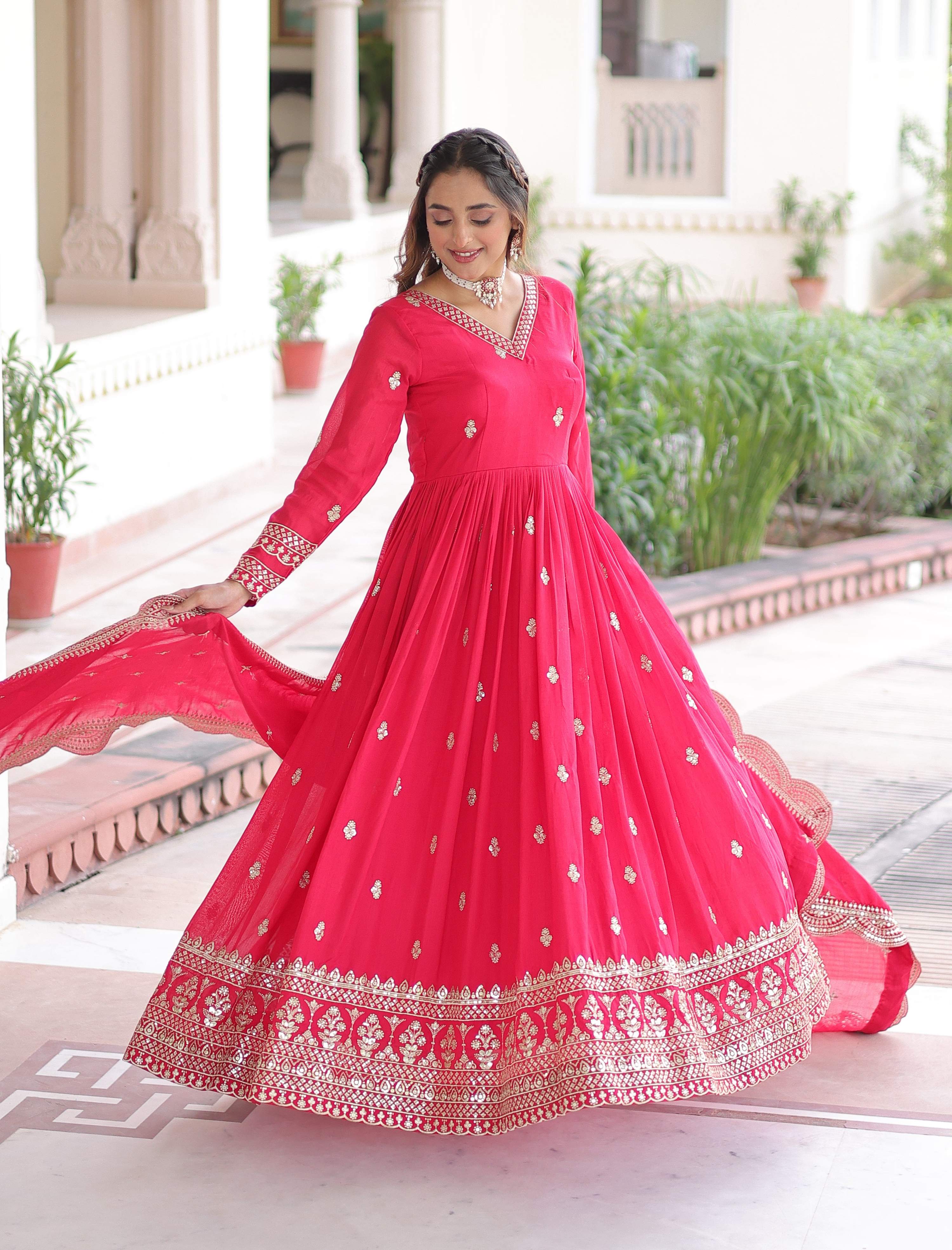 Vedant Vastram Vichitra Silk Embroidery & Sequence Work Stitched Ethnic Gown-Pink