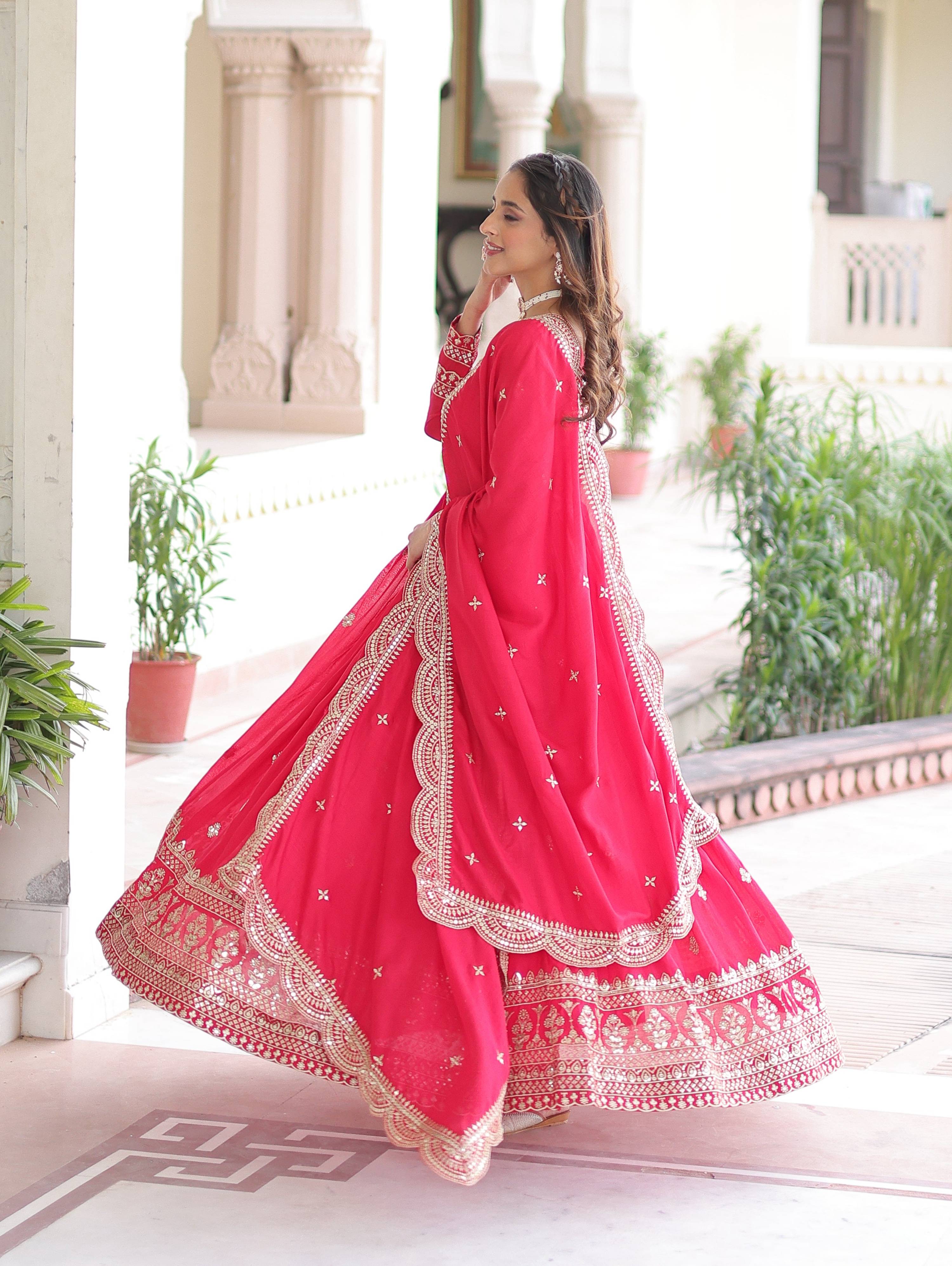 Vedant Vastram Vichitra Silk Embroidery & Sequence Work Stitched Ethnic Gown-Pink