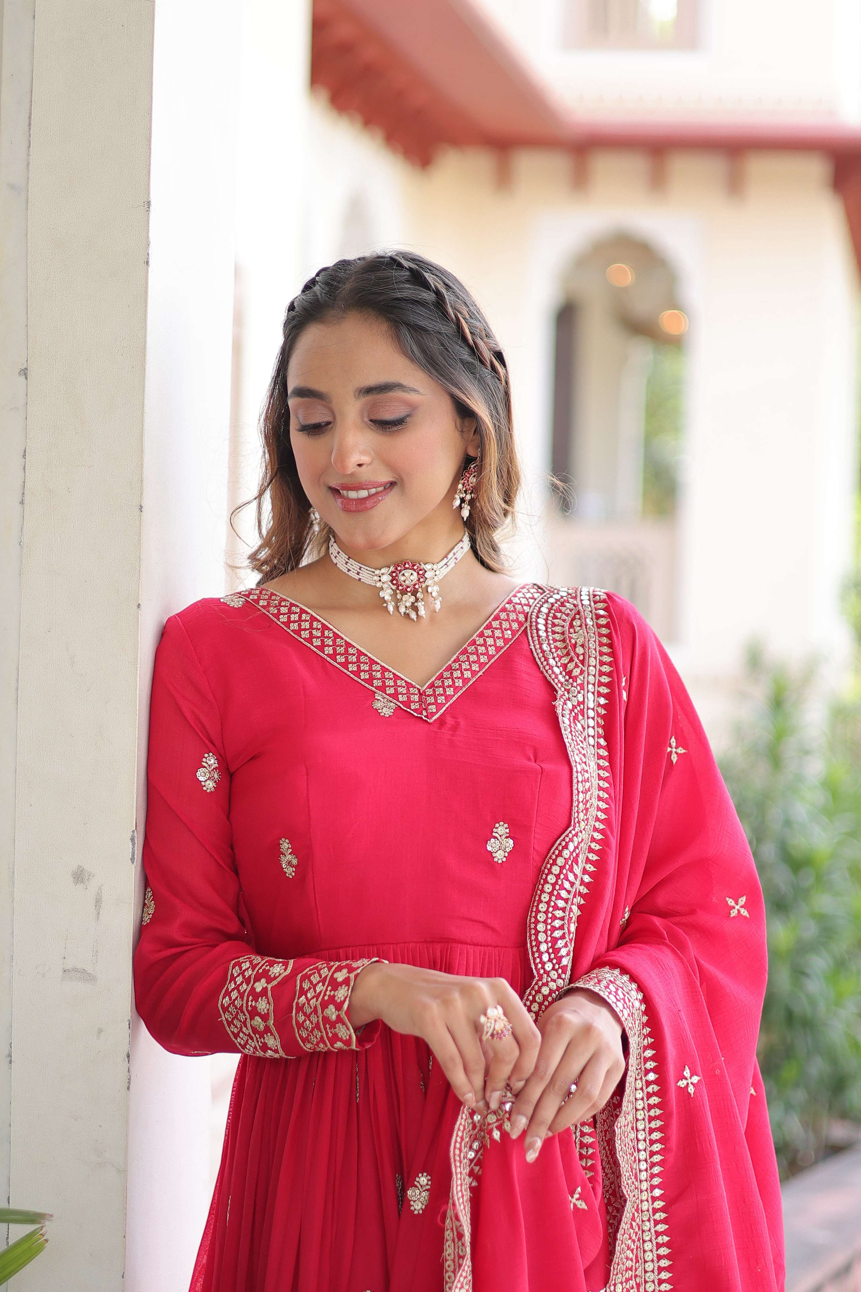 Vedant Vastram Vichitra Silk Embroidery & Sequence Work Stitched Ethnic Gown-Pink