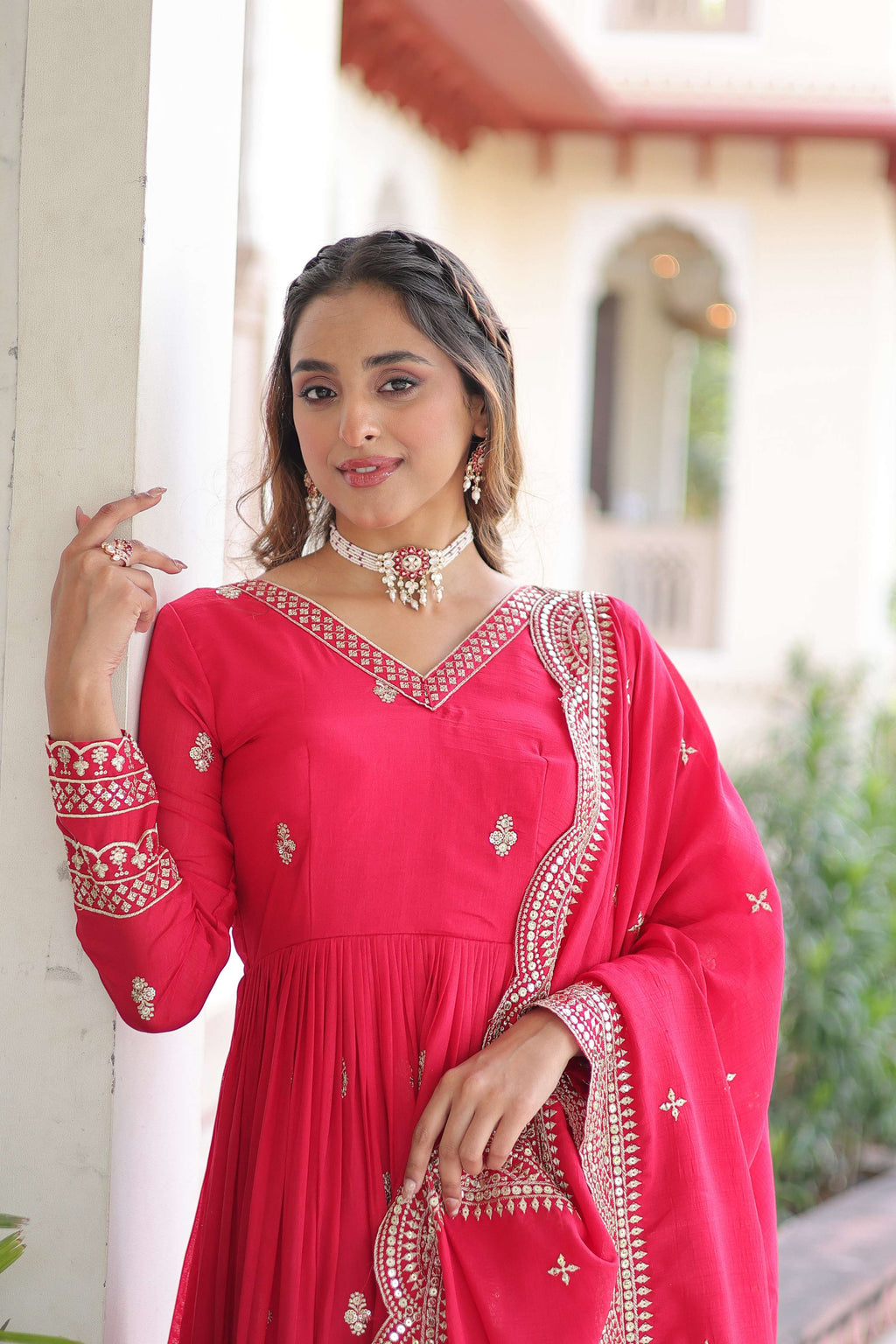 Vedant Vastram Vichitra Silk Embroidery & Sequence Work Stitched Ethnic Gown-Pink