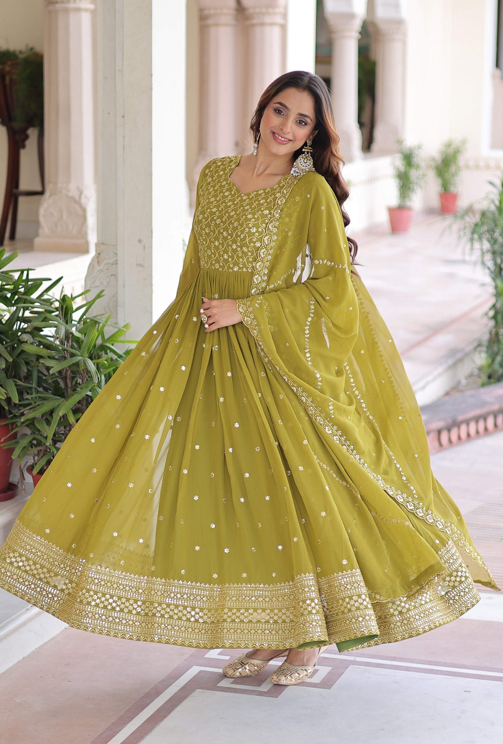 Vedant Vastram Georgette Embroidery & Sequence Work Stitched Ethnic Gown-Parrot Green