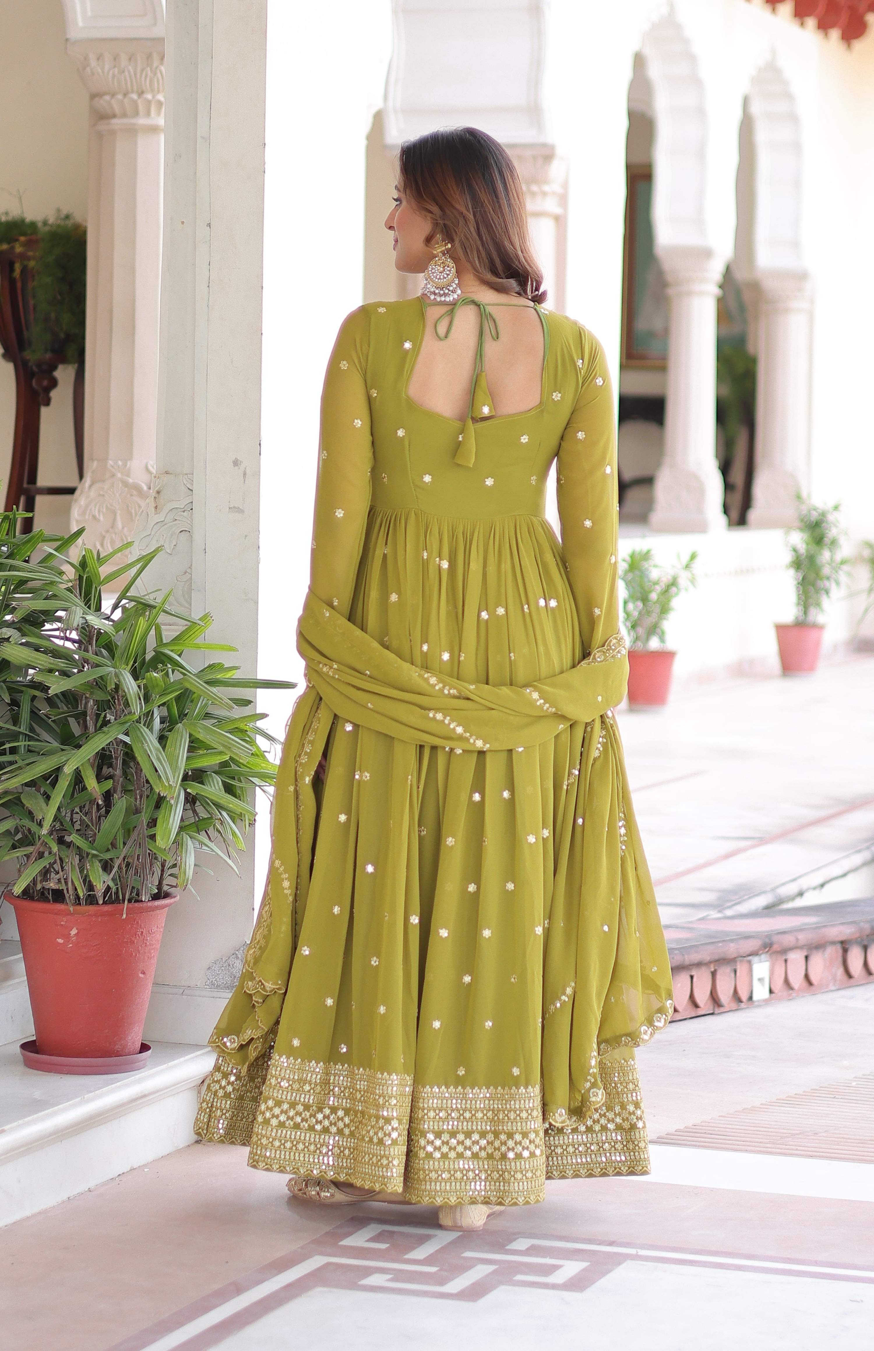Vedant Vastram Georgette Embroidery & Sequence Work Stitched Ethnic Gown-Parrot Green
