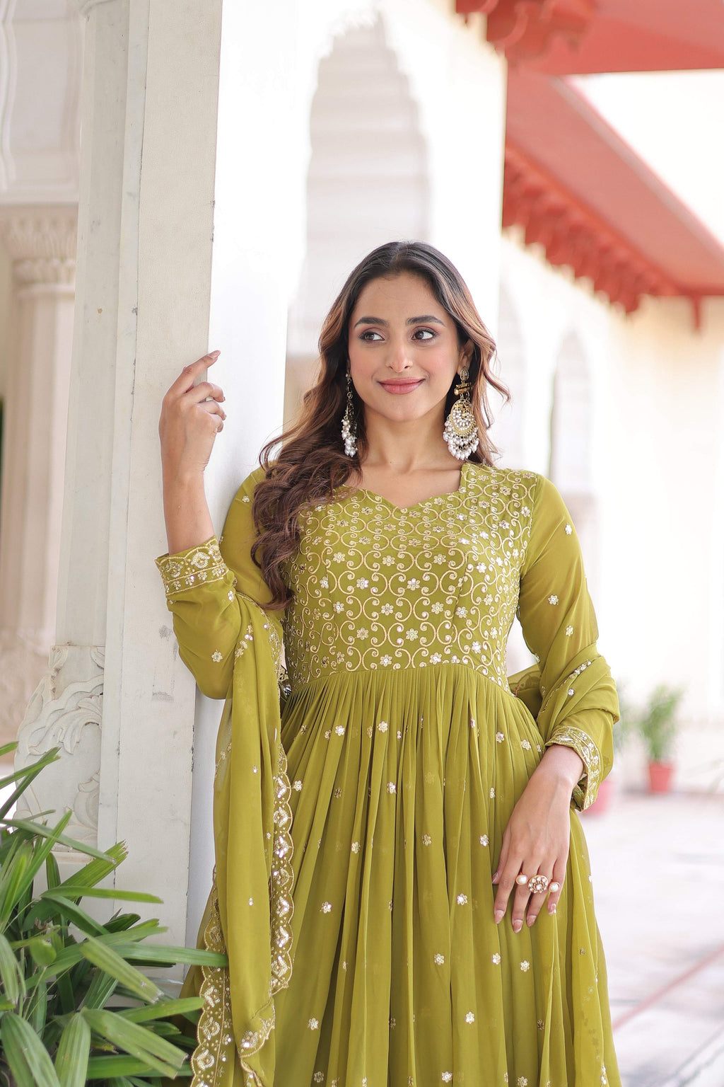 Vedant Vastram Georgette Embroidery & Sequence Work Stitched Ethnic Gown-Parrot Green