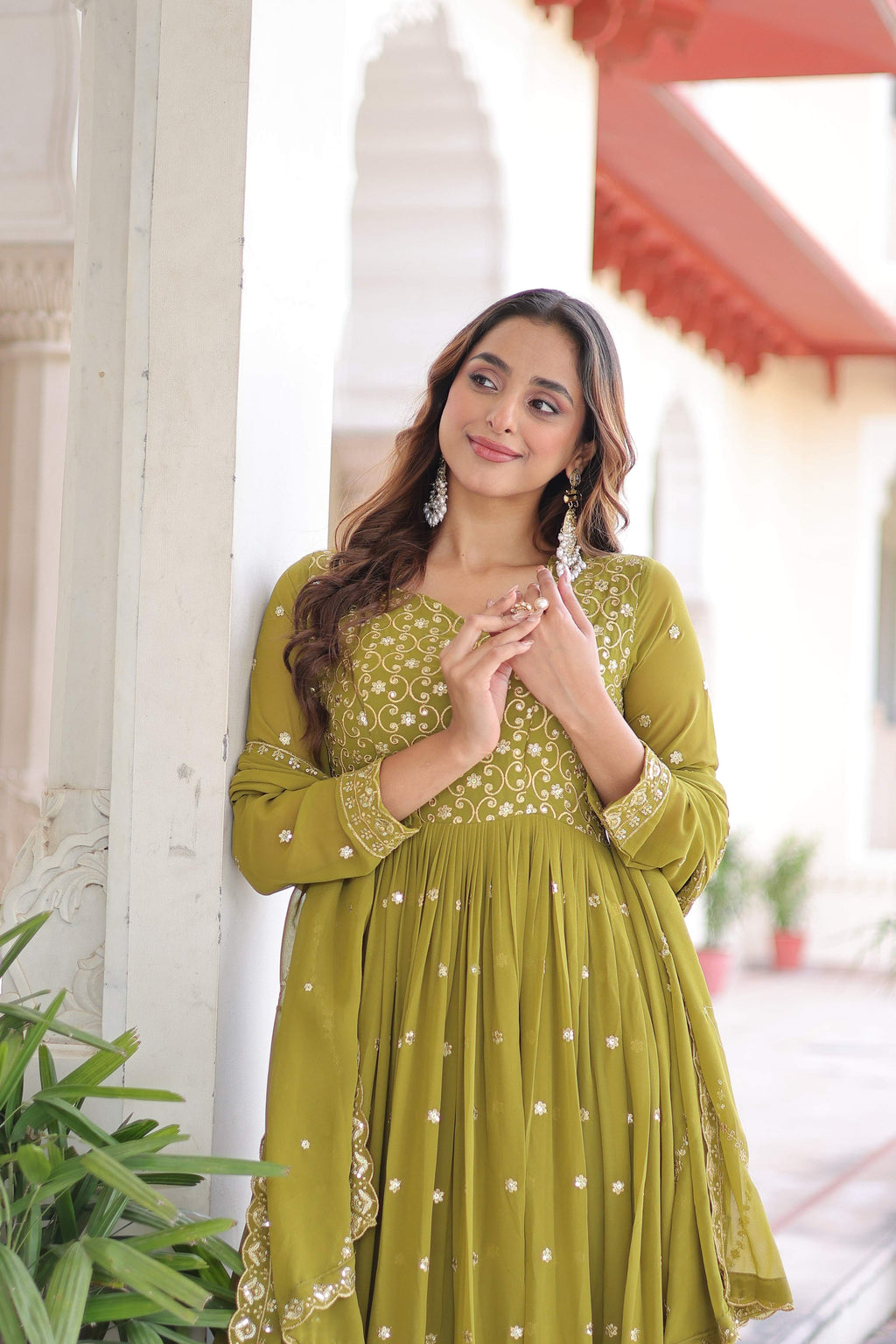 Vedant Vastram Georgette Embroidery & Sequence Work Stitched Ethnic Gown-Parrot Green