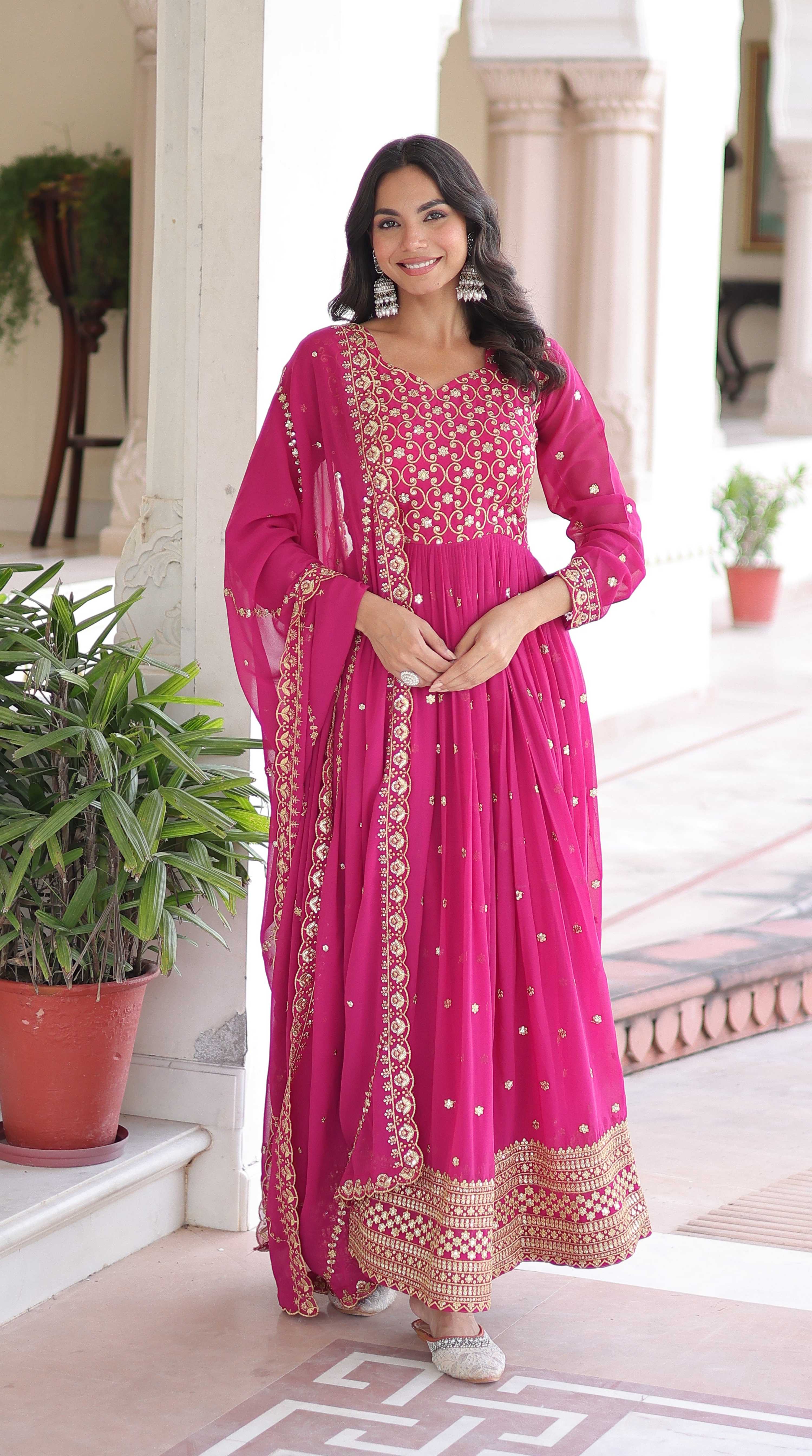 Vedant Vastram Georgette Embroidery & Sequence Work Stitched Ethnic Gown-Pink
