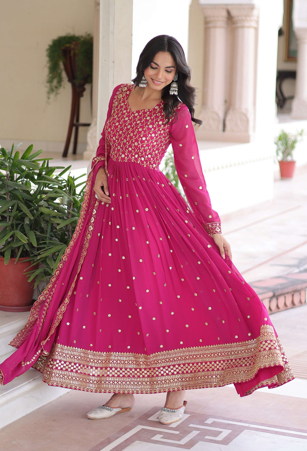 Vedant Vastram Georgette Embroidery & Sequence Work Stitched Ethnic Gown-Pink