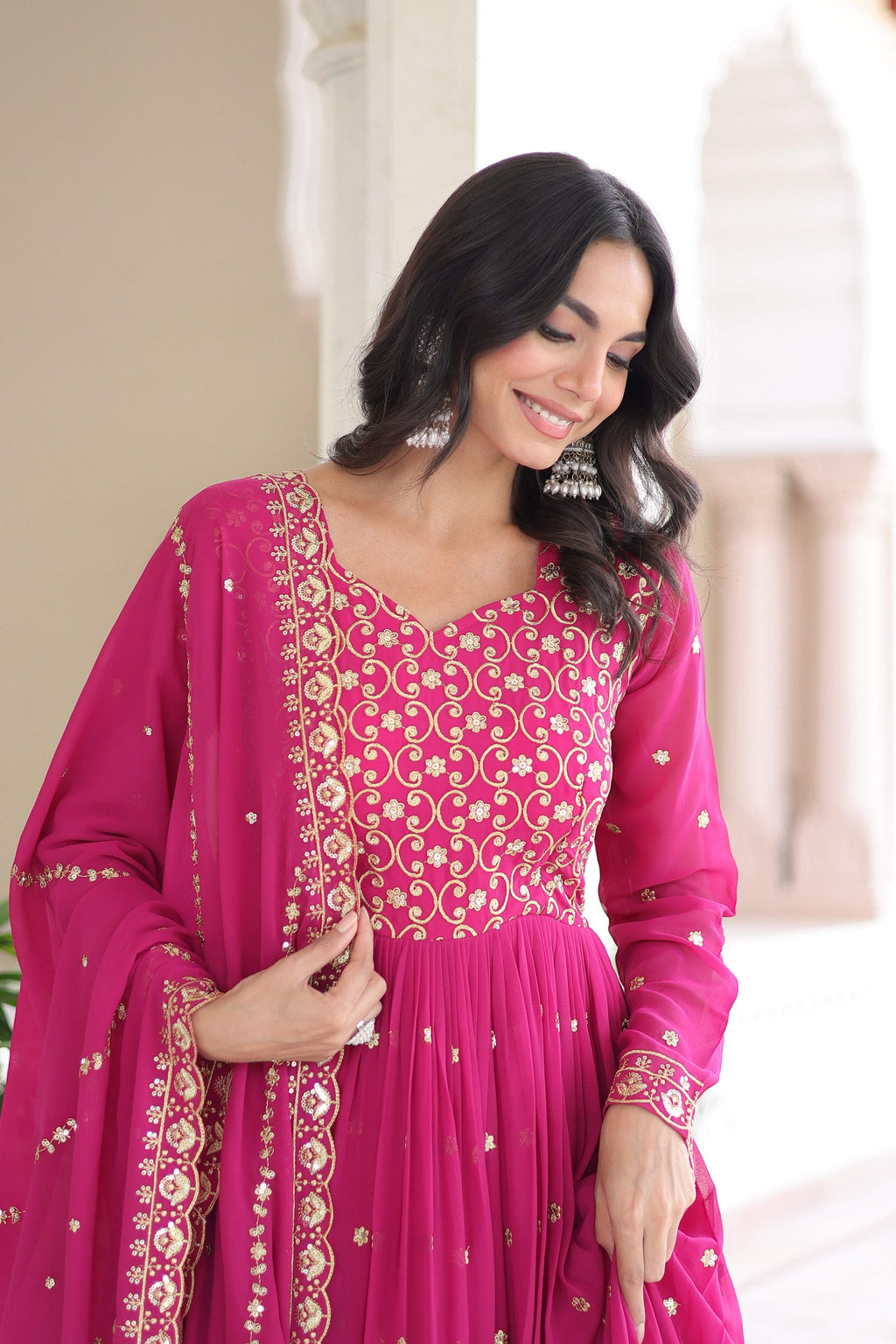 Vedant Vastram Georgette Embroidery & Sequence Work Stitched Ethnic Gown-Pink