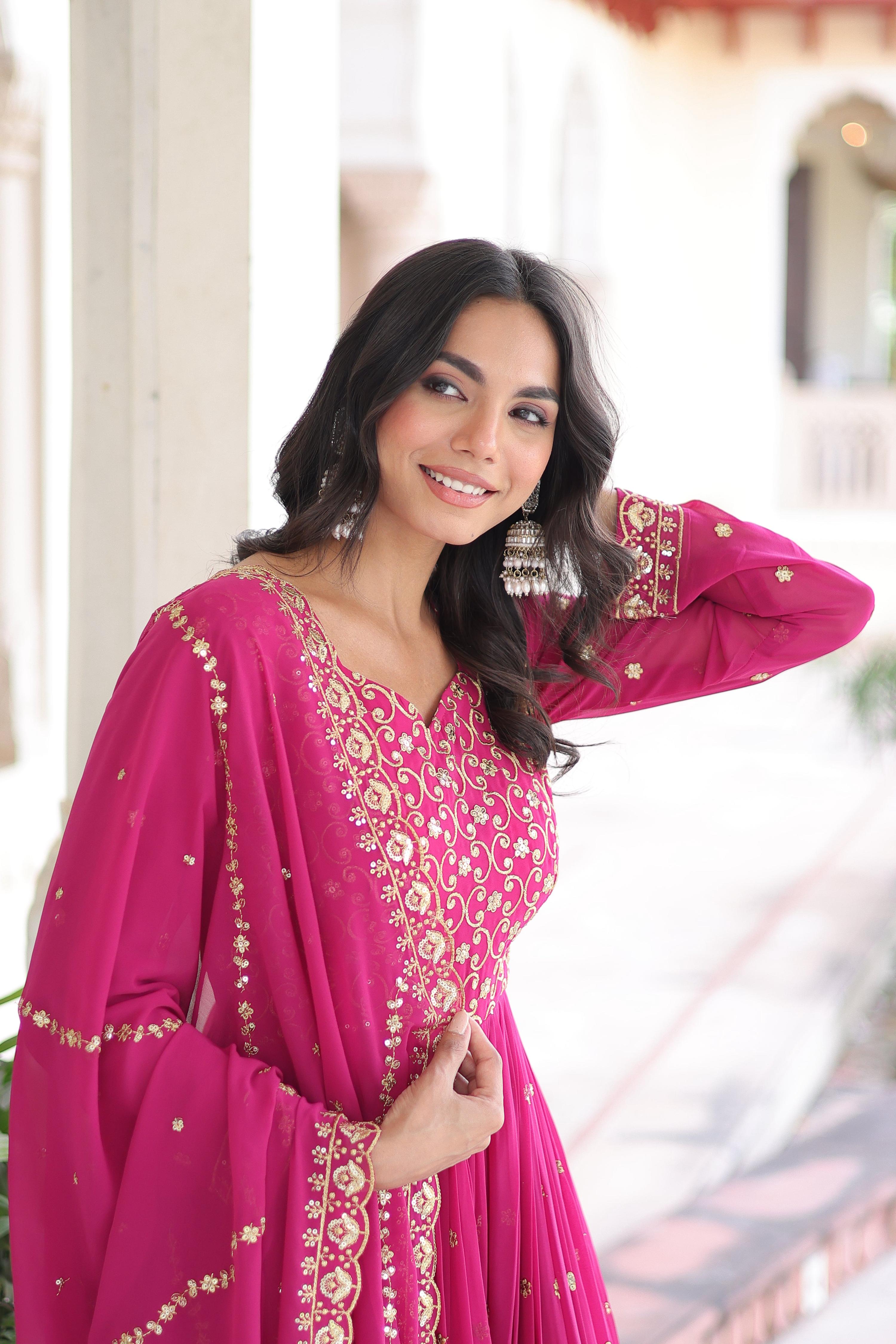 Vedant Vastram Georgette Embroidery & Sequence Work Stitched Ethnic Gown-Pink