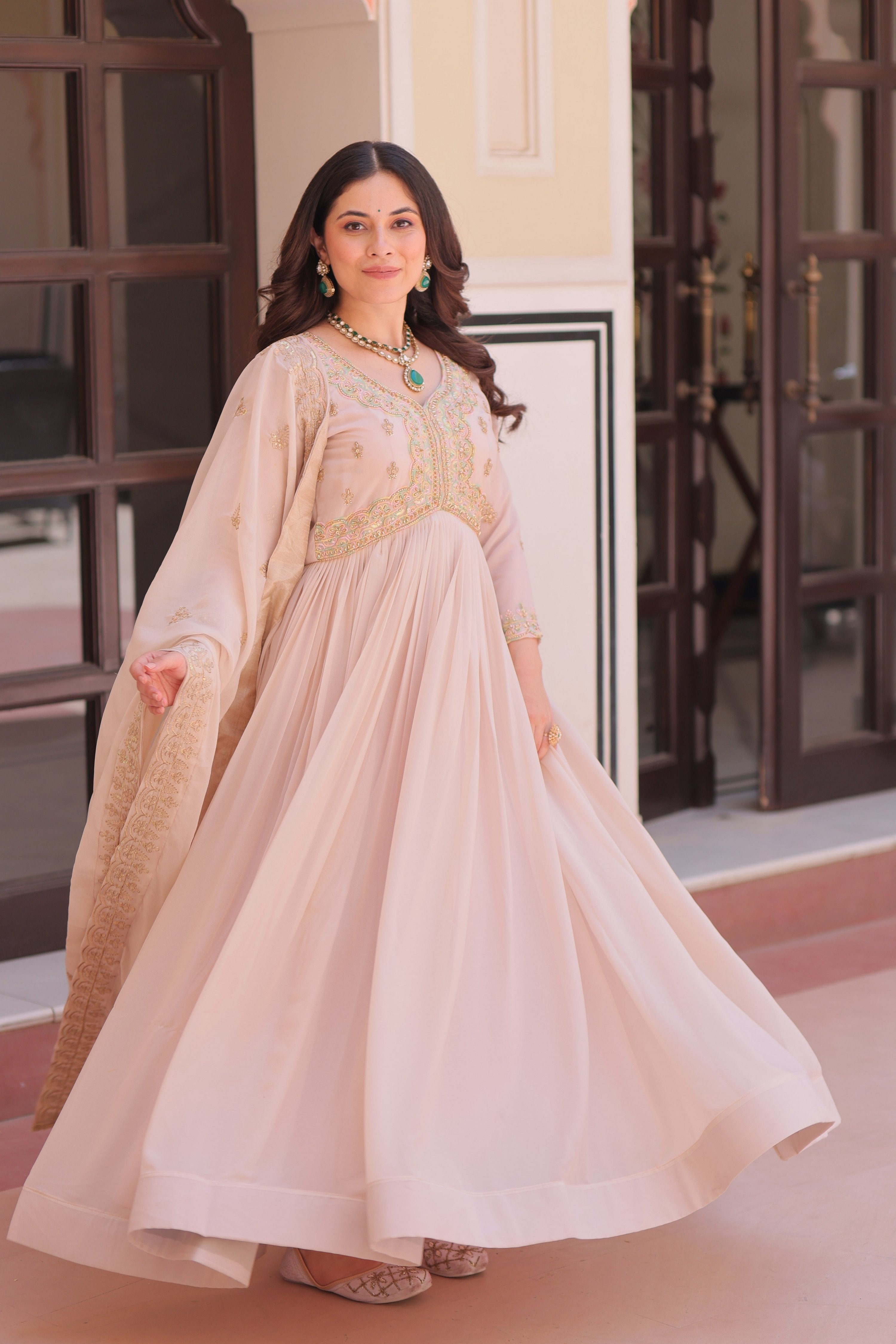 Vedant Vastram Georgette Embroidery & Sequence Work Stitched Ethnic Gown-Chiku