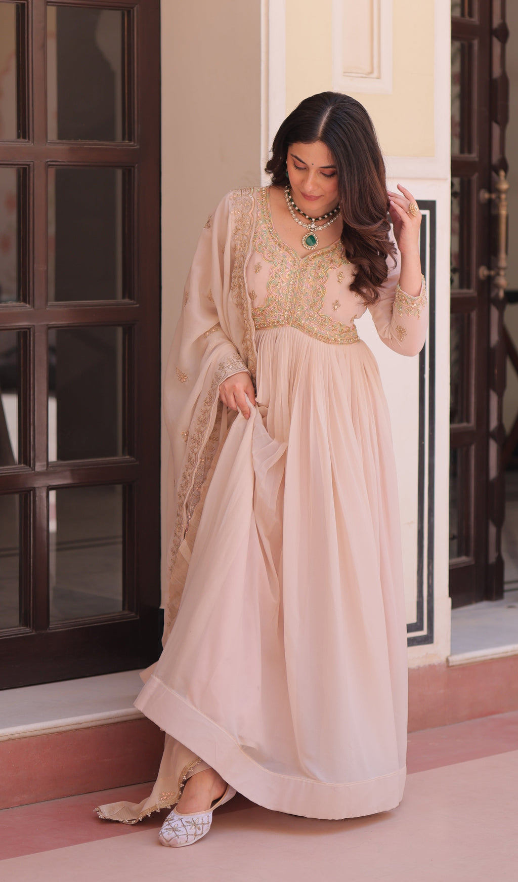 Vedant Vastram Georgette Embroidery & Sequence Work Stitched Ethnic Gown-Chiku