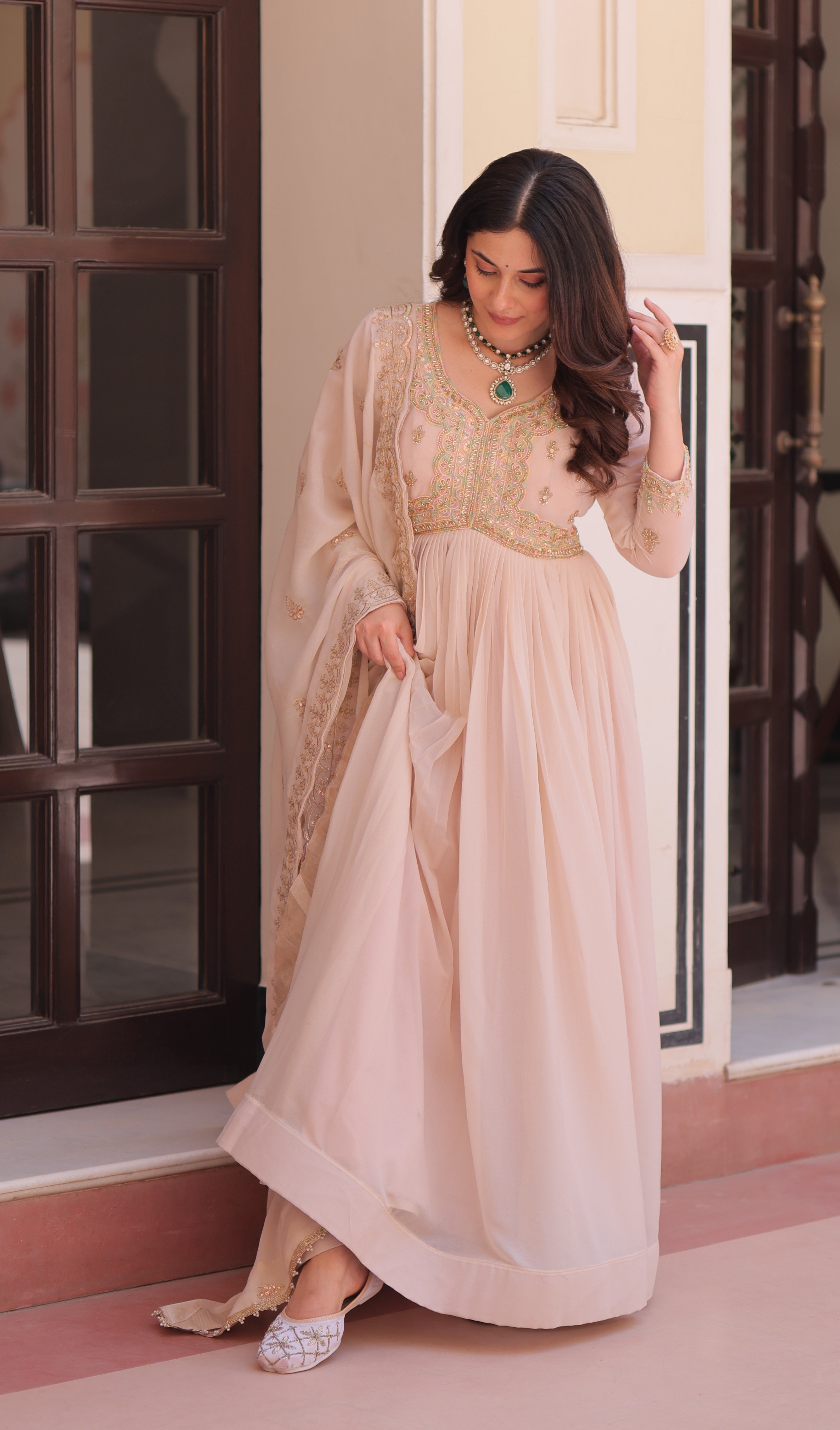 Vedant Vastram Georgette Embroidery & Sequence Work Stitched Ethnic Gown-Chiku