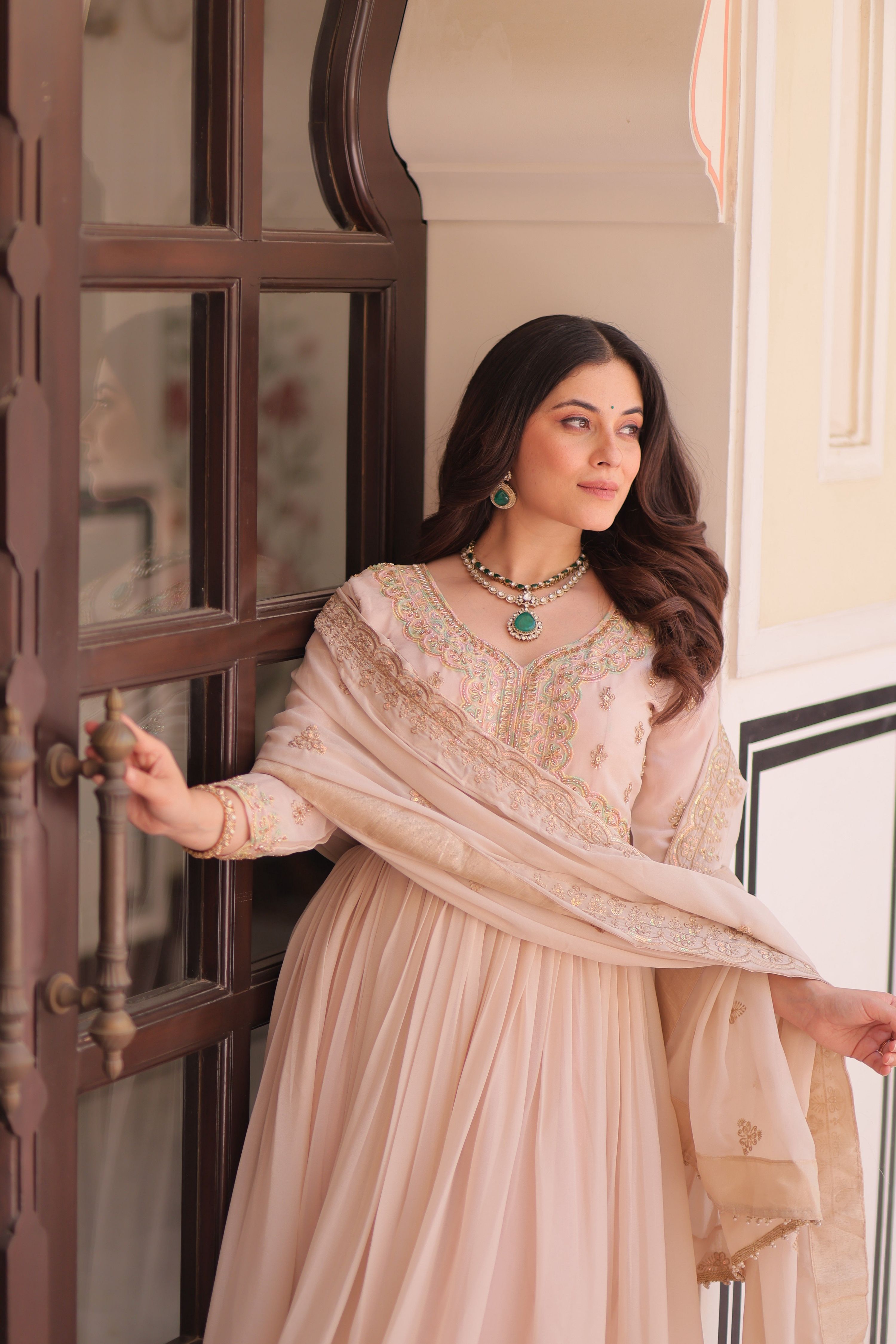 Vedant Vastram Georgette Embroidery & Sequence Work Stitched Ethnic Gown-Chiku