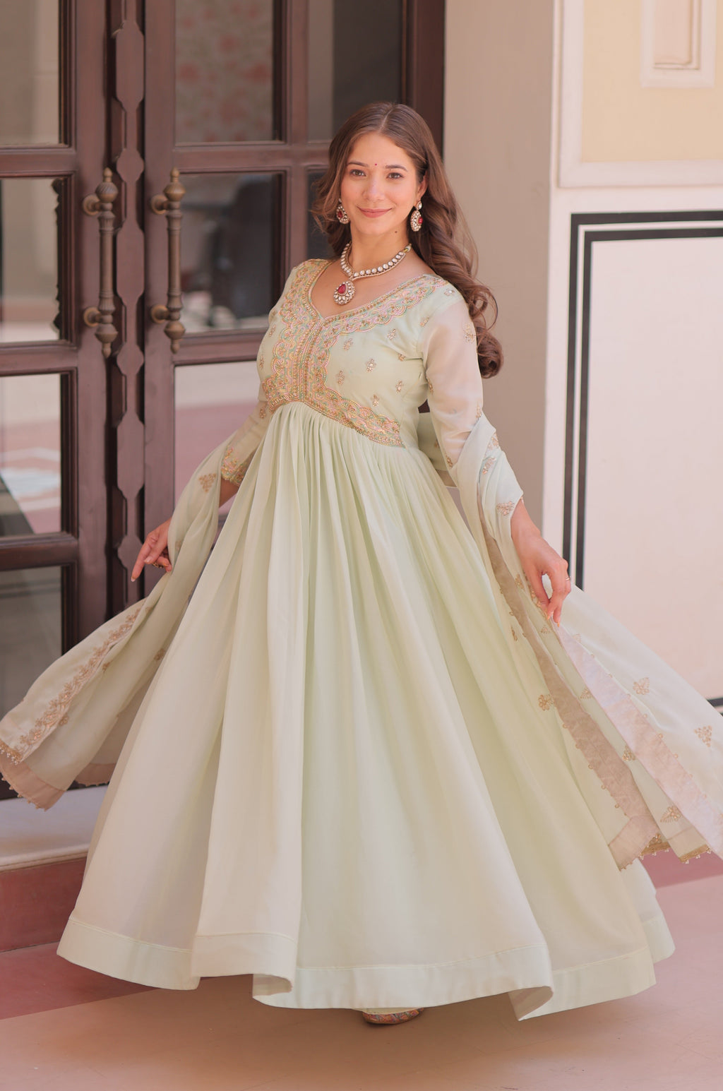 Vedant Vastram Georgette Embroidery & Sequence Work Stitched Ethnic Gown-Pista