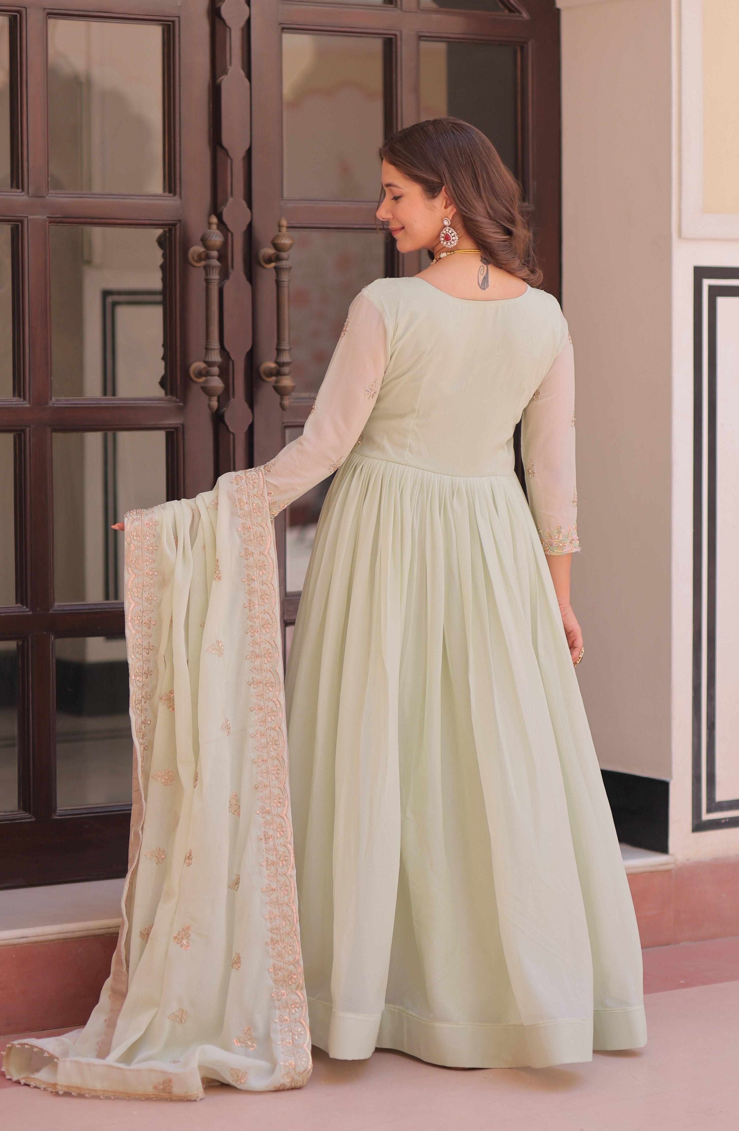 Vedant Vastram Georgette Embroidery & Sequence Work Stitched Ethnic Gown-Pista