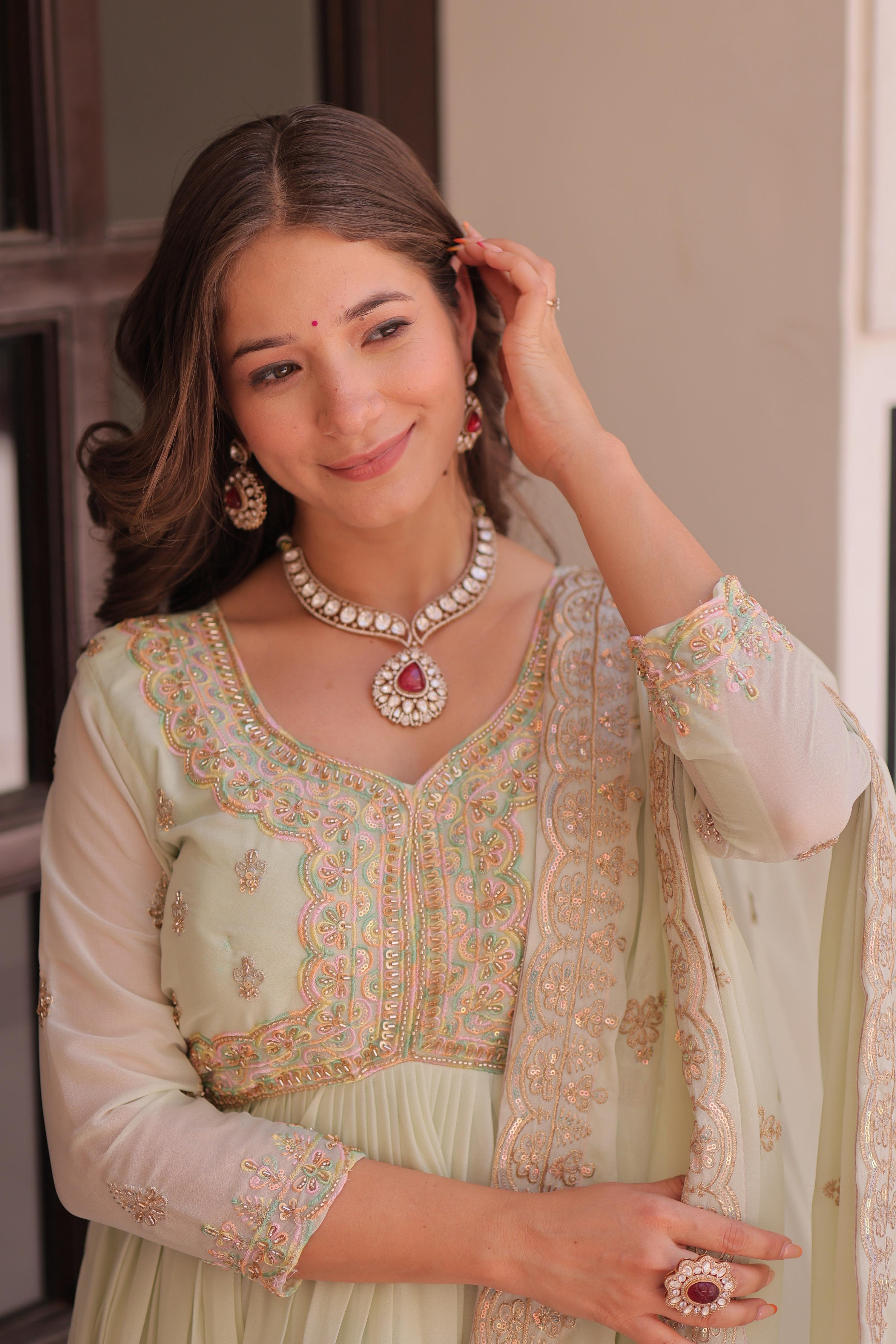 Vedant Vastram Georgette Embroidery & Sequence Work Stitched Ethnic Gown-Pista