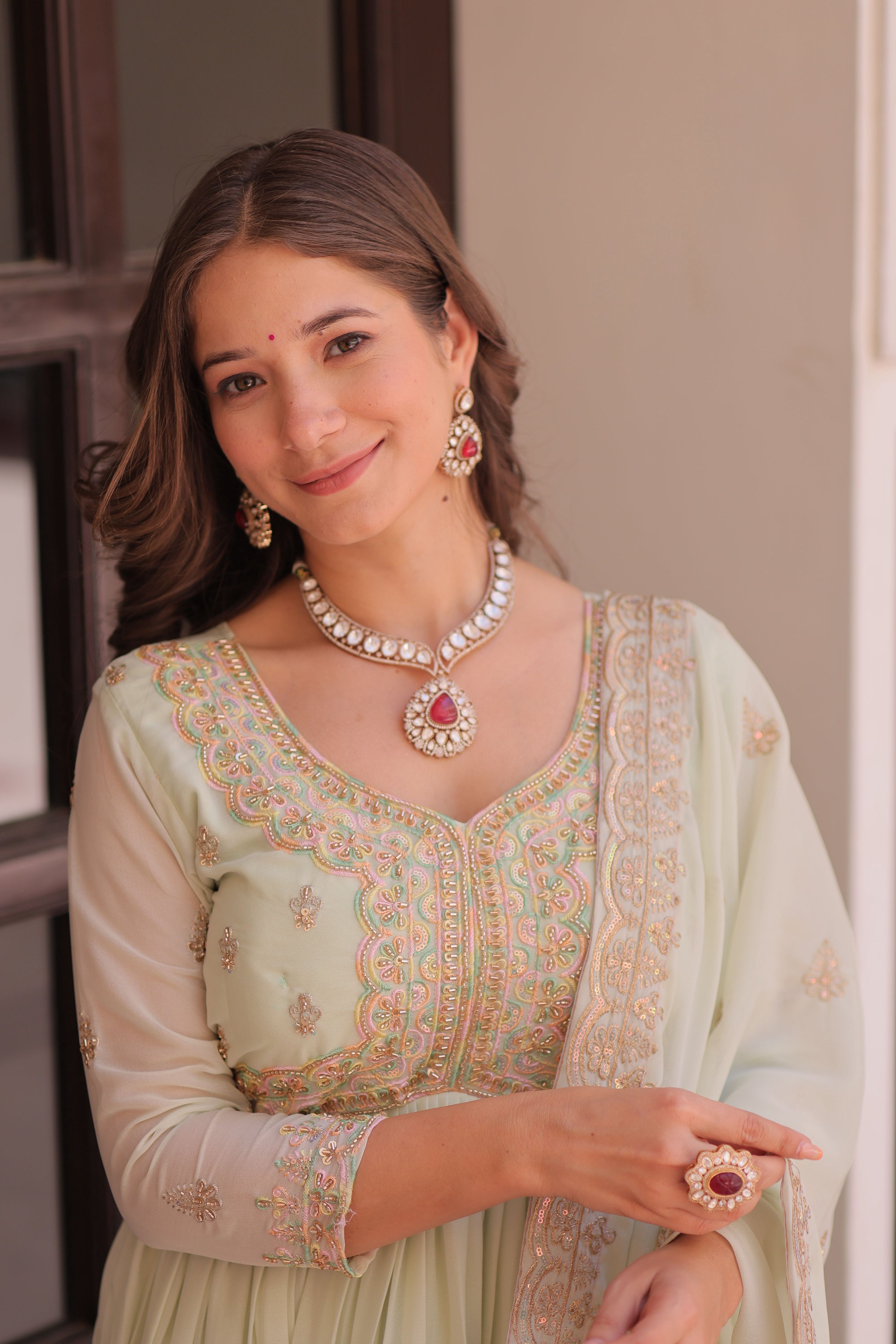 Vedant Vastram Georgette Embroidery & Sequence Work Stitched Ethnic Gown-Pista