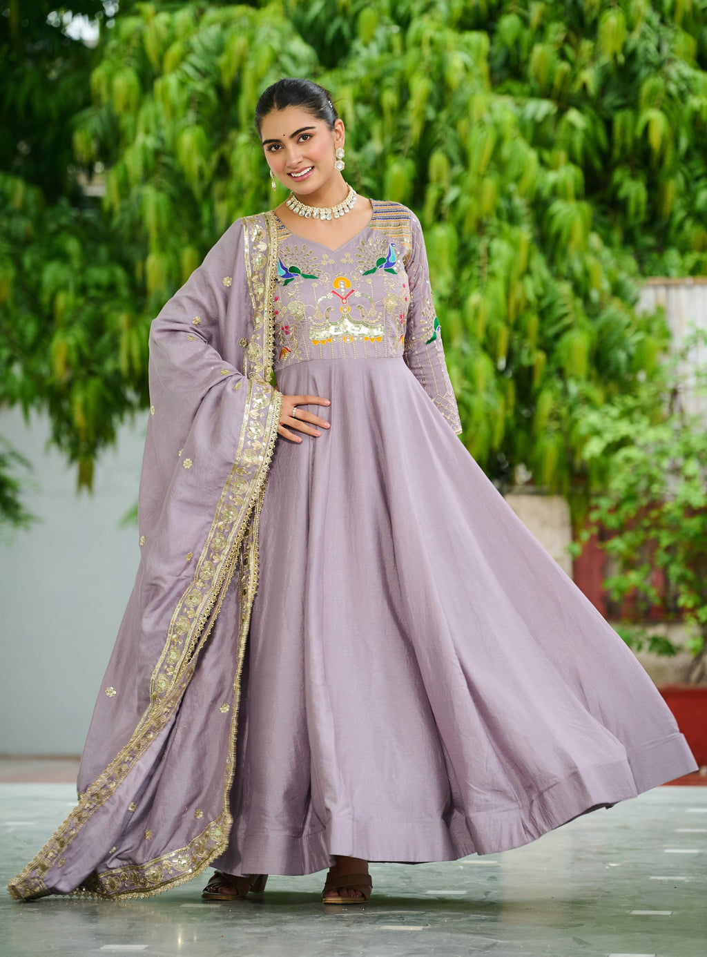 Vedant Vastram Vichitra Silk Embroidery & Sequence Work Stitched Ethnic Gown-Onion