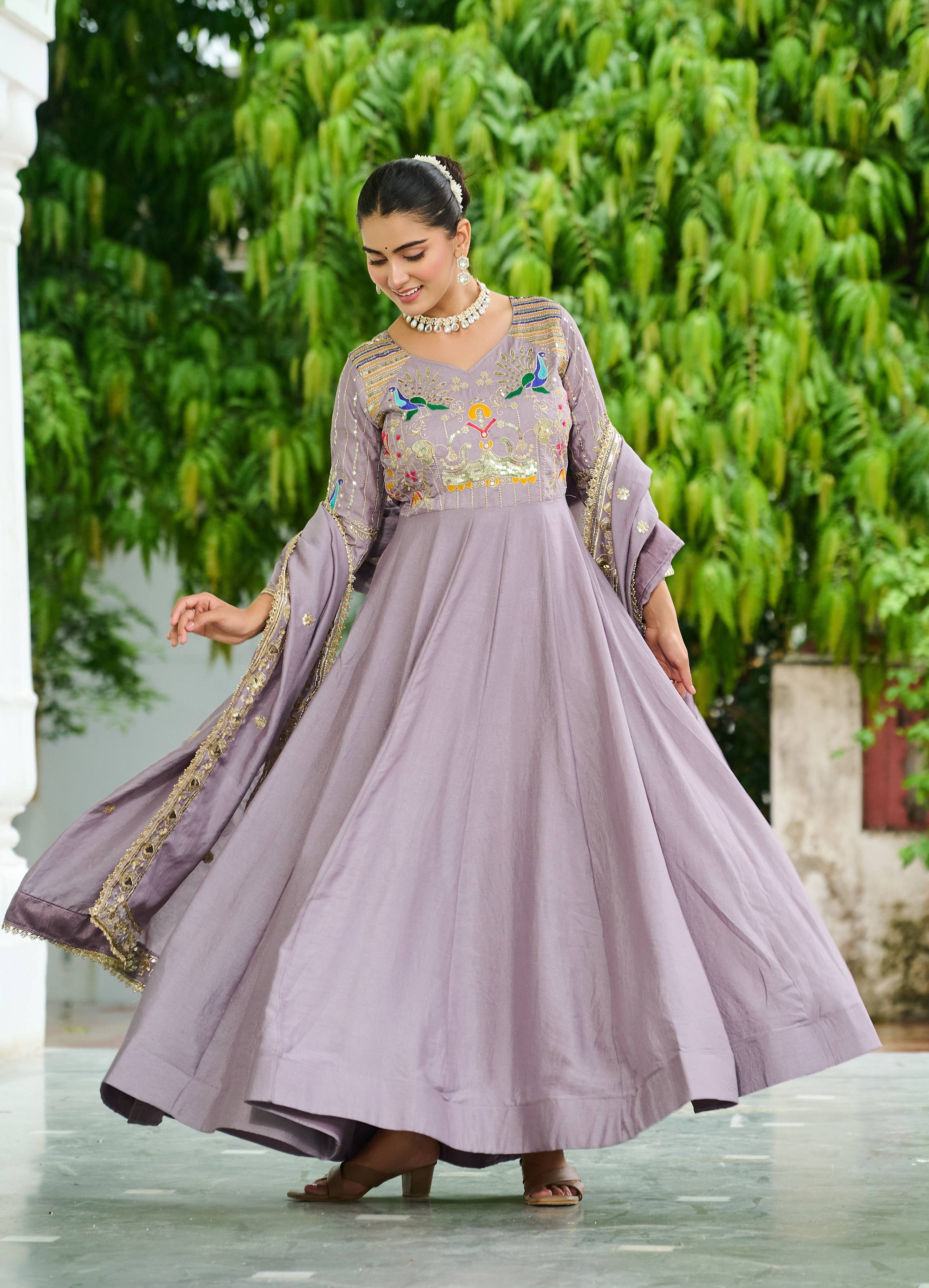 Vedant Vastram Vichitra Silk Embroidery & Sequence Work Stitched Ethnic Gown-Onion